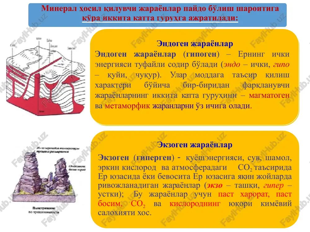 shinig ro'y berishi, undagi uchuvchan komponentlprining yo'qolishiga va kristallanish oshishiga olib temperaturasini keladi t=600-1350 o s t=1000-1600 o s granit intruziv tog' jinsi riolit effuziv tog' jinsi intruziv tanalarning shakli intruziv jinslarning yotish shakllari 1 – sill; 2 -lopolit; 3 – lakkolit; 4 – dayka; 5 – shtok; 6 – “batolit”(?) nomos (diskordant) intruziv shakllar sillar (inglizcha “sill” – ostona, do'ng, bo'rtiq so'zidan olingan). sillar qatlam shaklidagi gorizontal yoki qiyalama yotgan intruziv jismni shakli. lopolitlar (yunoncha “lopos”– tovoq, likobcha so'zidan olingan) – tovoq shaklidagi intruziv jism. ular kelib chiqishi va tarkibiga ko'ra sillarga yaqin turadi. bismalitlar - lakkolitlarning o'zgargan shakli hisoblanadi, ularning ustki qismi magmaning ta'siri natijasida yuqoriga ko'tarilgan bo'ladi fakolitlar (yunoncha “phacos” – o'roq, linza, lithos – tosh so'zidan olingan). antiklinal va sinklinal burmalarining yadro qismida joylashgan linzasimon intruziv jism lakkolitlar – yassi, dumaloq, qo'ziqorin shaklidagi, er yuzasiga yaqin joylashgan intruzivdir. ularning tubi gorizontal, shipi esa ko'tarilgan bo'ladi. batolit …