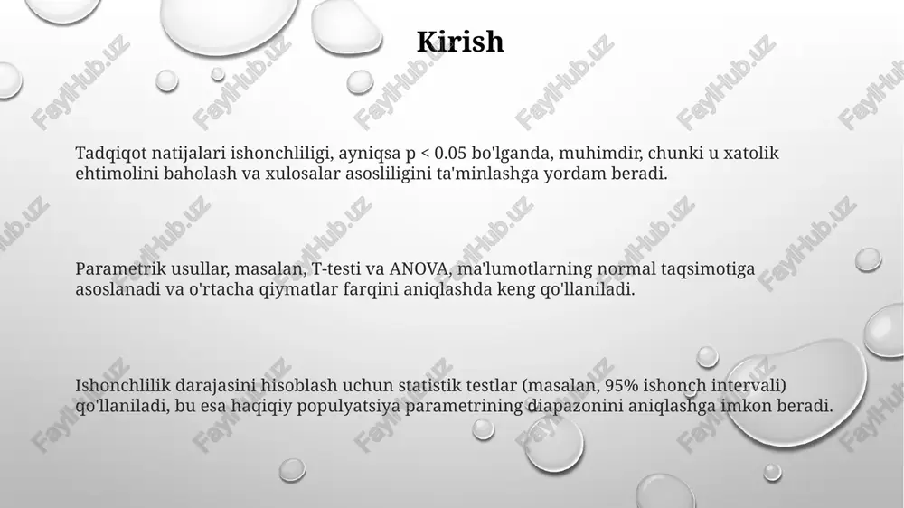asidagi o'zgarish va guruh ichidagi o'zgarish nisbatini baholaydi, yuqori qiymatlar ishonchlilikning kuchliligini ko'rsatadi. anova usuli bir nechta guruhning o'rtacha ko'rsatkichlarini solishtirish uchun ishlatiladi, p-qiymati esa natijalarning statistik ahamiyatliligini ko'rsatadi. p < 0.05 bo'lsa, natijalar ishonchli hisoblanadi. o'zgarishlar dispersiya tahlili (anova)da, ishonchlilik koeffitsienti (masalan, icc) turli o'lchovlardagi kelishuvni baholaydi, 0 dan 1 gacha bo'lgan oraliqda 0.7 dan yuqori natijalar yaxshi ishonchlilikni anglatadi. masala: regressiya orqali ishonchlilikni hisoblash regressiya natijalarida p-qiymat muhim, u o‘zgaruvchilar orasidagi bog‘liqlikning tasodifiy ekanligini tekshirish uchun ishlatiladi; p < 0.05 statistik ahamiyatga ega ekanligini ko'rsatadi. regressiya orqali ishonchlilikni hisoblashda, determinatsiya koeffitsienti (r^2) muhim rol o‘ynaydi, u o‘zgaruvchilar orasidagi bog‘liqlikning 0 dan 1 gacha bo‘lgan qismini ifodalaydi. regressiya modeli ishonchliligini baholashda standart xato (sem) ko‘rsatkichi qo‘llaniladi; u taxminlarning haqiqiy qiymatlardan o‘rtacha og‘ishini ko‘rsatib, modelning aniqligini baholaydi. xulosa xulosa statistik tadqiqotning muhim yakuniy qismi bo'lib, olingan natijalar asosida 95% ishonch darajasida tasdiqlangan yoki rad etilgan gipotezalarni umumlashtiradi. parametrik usullar bilan …