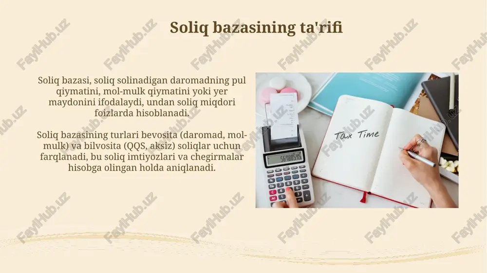 siyasini tezlashtirish va kamaytirilgan soliq stavkalaridan foydalanish muhim. transfer narxini rejalashtirish 115-modda asosida soliq bazasini pasaytirish uchun foydali bo'lib, xalqaro bitimlarda qo'llanilishi mumkin, lekin 20% chegarasidan oshmasligi kerak. soliq bazasi bo'yicha muammolar va yechimlar soliq bazasini aniqlashda noaniqlik, ayniqsa, real bo'lmagan aktivlar (masalan, kriptovalyuta) savdosidan soliq undirishda qiyinchiliklar tug'diradi, bu esa aniq qonunchilikni talab etadi. o'zbekistonda kichik biznes sub'ektlari uchun soddalashtirilgan soliq tizimining mavjudligi soliq bazasini toraytirishi mumkin, bunda katta bizneslarni jalb qilish orqali soliqlarni oshirish imkoniyati mavjud. soliq bazasini prognoz qilish soliq bazasini prognoz qilishda yalpi ichki mahsulot (yaim) o'sishi kabi makroiqtisodiy ko'rsatkichlar muhim rol o'ynaydi. masalan, yaim 5%ga oshishi soliq tushumlarini sezilarli darajada ko'paytirishi mumkin. demografik o'zgarishlar, jumladan, ishchi kuchining o'sishi yoki aholining qarishi soliq bazasini prognoz qilishda hisobga olinishi kerak. ish bilan bandlikning 3%ga ortishi soliq tushumlariga ta'sir qiladi. xulosa va tavsiyalar soliq bazasini kengaytirish bo'yicha xulosalar, iqtisodiy o'sishni 10-15% gacha oshirish uchun mavjud imkoniyatlar ko'rsatish, shu …