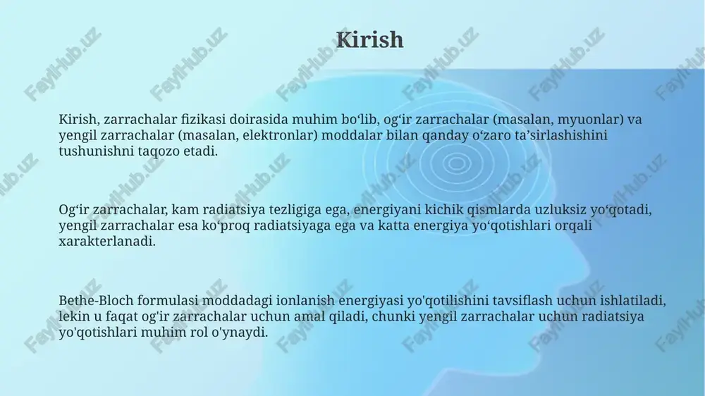 on qilingan metall nishon rentgen nurlari spektrini hosil qiladi, bunda bremsstrahlung uzluksiz spektr hosil qiladi va bu spektrning maksimal energiyasi elektron energiyasi bilan belgilanadi. cherenkov nurlanishi cherenkov nurlanishi, yorug'lik tezligidan tezroq harakatlanuvchi zarrachalar dielektrik muhitdan o'tganda hosil bo'ladi, bu esa elektromagnit nurlanishning konus shaklidagi to'lqin frontini yaratadi. ushbu nurlanishning intensivligi zarrachaning zaryadiga proportsional va emissiya burchagi cos θ = 1/(nβ) bilan aniqlanadi, bu yerda n - sindirish ko'rsatkichi va β - zarrachaning tezligi/yorug'lik tezligi nisbati. cherenkov nurlanishi rentgen va gamma nurlanishining hisoblagichlarida yuqori energiyali zarrachalarni aniqlash uchun ishlatiladi, chunki nurlanishning spektri ultrabinafsha rangdan ko'rinadigan diapazonga qadar davom etadi. ko'p marta sochilish oʻrtacha kvadrat sochilish burchagi rutherfordning sochilish formulasi va bethe formulasiga bogʻliq, zarrachaning zaryadi kvadrati va materialning atom raqami bilan proportsional. koʻp marta sochilish zarrachaning material bilan oʻzaro taʼsiri natijasida koʻplab kichik burchak ostida ogʻishlar yigʻindisidan iborat boʻlib, umumiy traektoriyaning ogʻishiga olib keladi. koʻp marta sochilish ogʻir zarrachalar (protonlar, alfa-zarrachalar) …