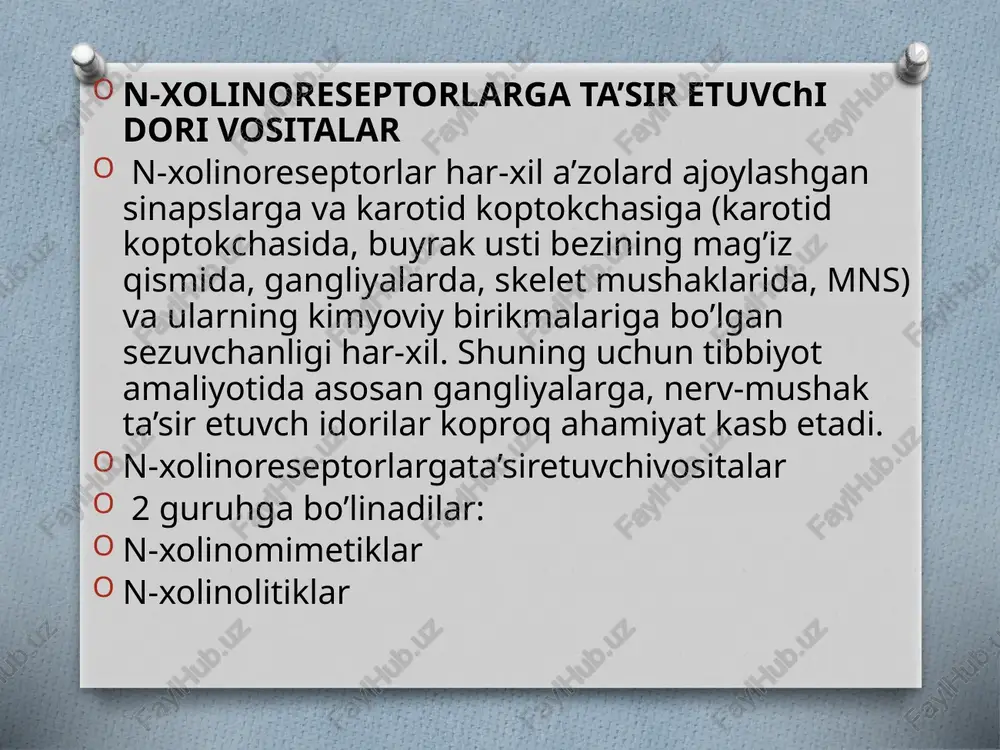iriga qarab bu guruh dorilari 2 ga bo’linadi: ganglioblokatorlar. nerv-mushak sinapslarini qamal qiluvchi (bloklovchi) yoki miorelaksant vositalar. xolinergik sinapslarni falajlovchi vositalar ta`sir mexanizmi ganglioblakatorla ta’sir davomiyligiga ko’ra 2 guruhga bo’linadi: a) ta’siri davomli (6-8 soat) benzogeksoniy, demikolin, pirelin, pachikarpin gidrochlorid b) qisqa ta’sirli (10-20 daqiqa) gigroniy, imiksin benzogeksoniy (benzohexonium)–yuqori darajali ganglioblokatorlik faollikka va tanlab ta’sir etish xususiyatiga ega. 3-6 soatta’siretadi. benzogeksoniy 0,1, 0,25tabl., 2,5 % - 1ml ampullada chiqariladi .mitdan yomon so’rilgani uchun parenteral yo’l bilan kiritiladi. qo’llanilishi: -xafaqonlikd,a o’pkaning shishida, me’da va 12 barmoqli ichak yara xastaligida, endoartrit, branxial astmada. qo’llash mumkun emas bo’lgan hollar: kollaps, qorachiq kengayishi, mi, tromboz, siydik pufagi atoniyasi, gipotoniya, jigar va buyrak, mas kasalliklari rp.: sol. benzohexonii 2,5% - 1ml d.t.d.n.6 in ampullis. s. 1ml dan kuniga 2 mahal muskul orasiga yuborilsin. dimekolin (dimecolinum)–ganglioblokatorlik faolligi bo’yicha benzogeksoniydan kuchliroq. unga o’xshash qo’llaniladi.bachadon qisqarishini kuchaytiradi. dimekolin 0,025 va 0,05tabl.chiqariladi . pirilen (pirilenum). mit dan yaxshi so’riladi, …