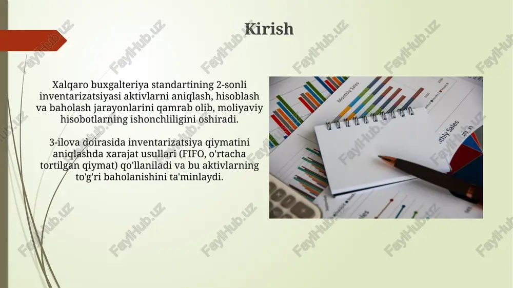 , shuningdek, inventarizatsiya xarajatlari sodir bo'lgan davrda xarajat sifatida tan olinadi. inventarizatsiya qiymatining kamayishi inventarizatsiya qiymatining kamayishi, agar uning sof realizatsiya qiymati 100 so'mdan kam bo'lsa, 90 so'mga baholanishi mumkin, bu esa 10 so'm zarar sifatida tan olinishini anglatadi. inventarizatsiya qiymatining kamayishi bo'yicha yozuvlar moliyaviy hisobotlarda 2024-yilning 31-dekabrigacha aks ettirilishi kerak, agar inventarizatsiya narxi 5000 so'mdan past bo'lsa, ahamiyatli emas deb hisoblanadi. ochib berish talablari (ias 2 bo'yicha) moliyaviy hisobotda balans qiymati tasniflari, masalan, xom ashyo, ishlab chiqarishdagi ish va tayyor mahsulotlar kabi inventarizatsiya shakllari bo'yicha ochib berilishi kerak. inventarizatsiya qiymati sotilgan tovarlarning tannarxi sifatida tan olingan davrda tan olingan xarajat summasi va operatsion xarajatlar alohida ochib beriladi. xulosa xulosa shuni ko'rsatadiki, 2-son inventarizatsiyasi ias 2 (xbs 2) ga mos keladi, bu xarajat formulalarini tanlash va sof realizatsiya qiymatini baholashni o'z ichiga oladi. inventarizatsiya qiymatini ochish shaffoflikni oshiradi. ias 2 ning 3-ilovasi bilan muvofiqlik moliyaviy hisobotlarning ishonchliligini oshiradi, bu investorlar …