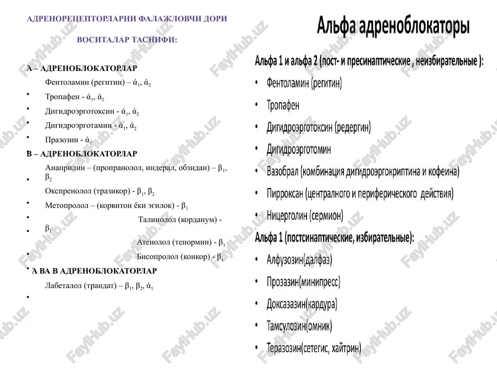 lanishini yaxshilaydi, hamda insulinni ajralishini oshiradi). prostata adenomasi xirurgik operatsiyalarda gipertonik kriz profilaktikasi uchun noxush ta'siri: bosh aylanish, burun shilliq qavatini shishi, ko'ngil aynish, qayt qilish, ba'zan ich ketishi. reyno - kasalligi periferik qon aylanishining buzilishida (reyno-xastaligi, qo'llanilishi obliteratsiyalanuvchi endoarteritlar, aterosklarozli gangrenanning boshlang'ich bosqichida qo'llanilishi qo'llanilishi digidroergotoksin-arteriya va tomir kengaytiruvchi, gipotenziv ta'sir etadi. geb va platsentar bar'erdan utadi. koramug' o'simligining tabiiy alkaloidlaridan farqli o'laroq, digidroergotoksin bachadonga ta'sir etmaydi, balki aksincha qon tomirlarining silliq mushaklarini bo'shashtirish va qon aylanish markazi faolligini susaytirishi hisobiga qon bosimi pasaytiradi. qo'llanilishi: qariyalarda psixoorganik sindromda xafaqon xastaligi - xomiladorlar toksikozi - periferik qon aylanishining buzilishi (reyno xastaligi) - feoxromatsitoma, feoxromoblastoma migren. diabetik angiospazm ishemik insult sermion (nitsergolin)- ergolon unumi.bosh miyada gemodinamika va metabolik jarayonlarni yaxshilaydi. trombotsitlar agregatsiyasini kamaytiradi va mikrotsirkulyator qon aylanishni yaxshilaydi. miyada qon borishini yaxshilash orqali ishemik va gipoksik sindromlarda samarali ta'sir ko'rsatadi. kimyoviy jihatdan qoramug' alkaloidining hosilasi bo'lib, tarkibida nikotin kislotasining qoldig'i bor. …