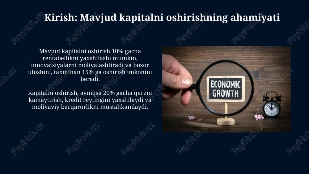 mtiyozlari kapitalni oshirishga yordam beradi, masalan, investitsiya soliq kreditlari kompaniyalar tomonidan kapital qo'yilmalarining foizini soliq majburiyatlaridan chegirib tashlash imkonini beradi. kichik biznes uchun soliq preferensiyalari, masalan, tezlashtirilgan amortizatsiya, aktivlar qiymatini tezroq hisobdan chiqarishga va soliq to'lovlarini kamaytirishga imkon beradi, bu esa mablag'larni tejaydi. raqamli aktivlardan foydalanish imkoniyatlari raqamli aktivlardan foydalanish kriptovalyutalarni (masalan, bitcoin, ethereum) balansda ushlab turish va ularni to'lovlar, investitsiyalar, 2% dan 5% gacha o'sish potensiali uchun ishlatishni o'z ichiga oladi. nft (non-fungible token) lar orqali intellektual mulkni raqamli aktivlarga aylantirish, ijodkorlar uchun qo'shimcha daromad manbai yaratish va litsenziyalashdan 10% dan 20% gacha foyda olish imkonini beradi. investitsiya jalb etish uchun marketing strategiyalari investorlar jalb qilish uchun marketingda 70/30 qoidasidan foydalaning: 70% qiymatni baham ko'ring (misol uchun, bloglar, vebinarlar), 30% kompaniyangizni taqdim eting. raqamli marketingga e'tibor qarating, seo optimallashtirish orqali veb-saytingizda kapital jalb etish uchun 20% ko'proq investorni jalb qiling va konvertatsiya darajasini oshiring. tartibga solishga muvofiqlik va boshqaruv …