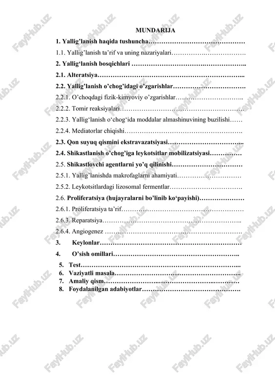qaytib keladi deb tushunardi. r.virxov (virchow -1858-59 yillar) va uning muxlislari yaratgan hujayra (sellyulyar) patologiyasi davrlarida yallig‘lanishni faqat mahalliy to‘qima reaksiyasi deb qaralardi, yallig‘langan organlarni morfologik tadqiqotlar qilish natijalari (hujayralarning distrofik o‘zgarishlari) ga asoslanib yallig‘lanishning nutritiv nazariyasini yaratdilar. bu nazariya samuel (s.samuel-1873y) va y.kongeym (cohnheim-1887y) larni yallig‘lanish muammosi bo‘yicha o‘tkazgan ilmiy tadqiqotlaridan so‘ng o‘z ahamiyatini yo‘qotdi. bu olimlar yallig‘lanish patogenezida asosiy e’tiborni mayda tomirlar reaksiyasiga qaratdilar, shu bilan yallig‘lanishning tomirlar nazariyasiga asos soldilar. a.s.shklyarevskiy (1869y) yallig‘lanishda qon aylanishini o‘rganishda tarjiba usulini qo‘llab, leykotsitlarni qon tomirining devoriga yopishi hodisasini fizik nuqtai nazardan asosladi. yallig‘lanish muammosini hal qilishga i.i.mechnikov nihoyatda katta hissa qo‘shdi. u 1892 yili yallig‘lanishning biologik nazariyasini yaratdi, fagotsitoz haqidagi ta’limotni rivojlantirdi, yallig‘lanishni qiyosiy-patologik o‘rganishga asos soldi, immunitetning hujayra va gumoral nazariyalarini yaratdi. i.i.mechnikov fagotsitlarning begona zarrachalarni, shu jumladan bakteriyalarni yutish jarayonini yallig‘lanishga xos asosiy jarayon deb e’tirof qildi. i.i.mechnikovni fagotsitozning organizmni patogen omillardan himoya qilish va immunitetni vujudga kelishidagi …