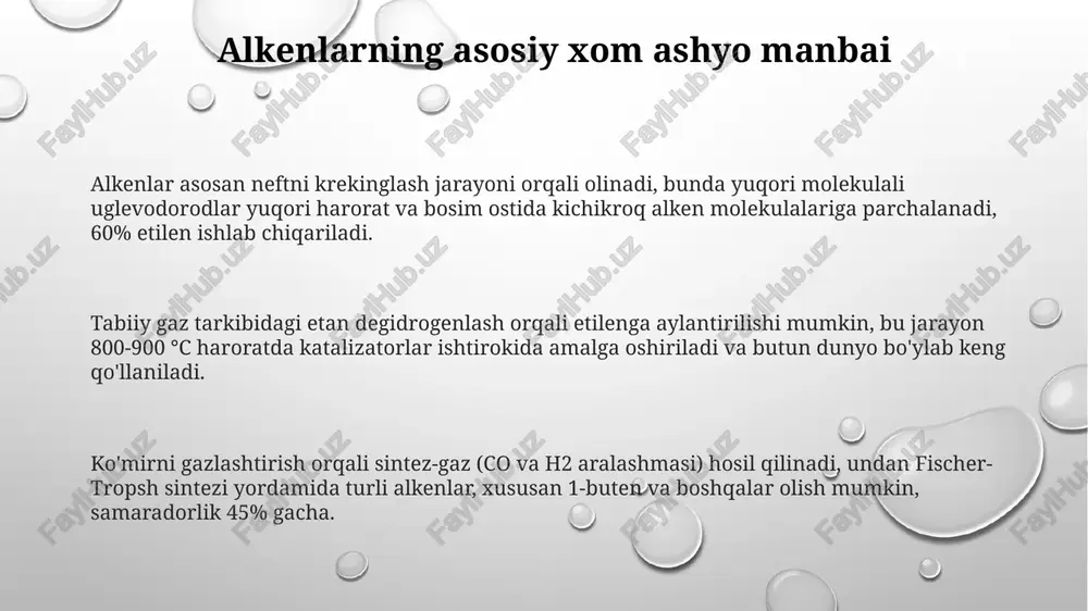 plastmassalarning biologik parchalanmasligi tuproq va suvning ifloslanishiga olib keladi, chunki ular 500-1000 yil davomida saqlanib qoladi, bu esa ekosistemalarga zarar yetkazadi. ilmiy tadqiqotlar, innovatsiyalar va ish o'rinlari yaratish alkenlar asosida olib borilayotgan fundamental tadqiqotlar yangi katalizatorlar va polimerizatsiya usullarini ishlab chiqishga qaratilib, kimyo sanoatida 15% gacha innovatsion o'sishga olib keladi. alkenlarni qayta ishlash texnologiyalari sohasidagi innovatsiyalar, masalan, yuqori samarali kreking jarayonlari, neft-kimyo komplekslarida 2000 dan ortiq yuqori malakali ish o'rinlarini yaratadi. alkenlardan foydalanishning yangi sohalarini o'rganish, jumladan bio-asosli alkenlar ishlab chiqarish, tadqiqot institutlarida va startaplarda 100 dan ziyod ilmiy xodimlarni jalb qiladi. e'tiboringiz uchun rahmat @taqdimot_robot image1.png image2.png