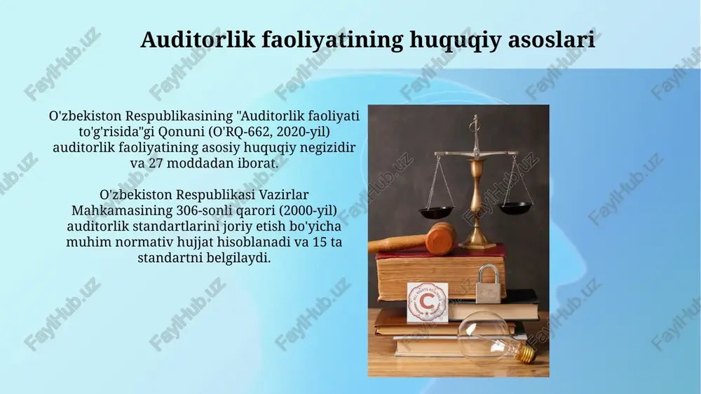 tining minimal standartlarini 2000-yildan boshlab belgilashda muhim rol o'ynaydi. xalqaro auditorlik standartlari (xas) xalqaro auditorlik standartlari (xas) 100-999 raqamlari auditning umumiy tamoyillari va mas'uliyatlariga bag'ishlangan bo'lib, auditning maqsadini, hajmini va o'tkazish tartibini belgilaydi. xas 700-seriyasi moliyaviy hisobotlar bo'yicha auditorlik xulosalarini shakllantirish va taqdim etish qoidalarini o'z ichiga oladi, shu jumladan, fikr turlari va asosiy elementlar bo'yicha yo'riqnomalar. auditorlik nazorati va sifatni ta'minlash auditorlik nazorati audit sifatini ta'minlash uchun ichki va tashqi nazoratni o'z ichiga oladi. ichki nazorat tashkilotning o'zida, tashqi nazorat esa mustaqil organlar tomonidan amalga oshiriladi. sifatni ta'minlash dasturi auditorlik tashkilotining barcha darajalarida sifat standartlariga rioya etilishini kafolatlaydi. bu audit o'tkazishda xatolarni kamaytirishga yordam beradi. professional etika kodeksi auditorlarning professional etik kodeksi 5 asosiy prinsipga amal qilishni talab qiladi: halollik, xolislik, kasbiy mahorat, maxfiylik va professional xulq-atvor. ushbu tamoyillar auditorlik sifatini taʼminlashga qaratilgan. etik kodeksda manfaatlar toʻqnashuvi holatlari, masalan, yaqin qarindoshlar auditida qatnashish yoki oldingi ish beruvchi bilan bogʻliq …