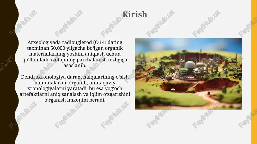 ankamonning oltin niqobini restavratsiya qilishda 2015-yilda niqobdan soqolini ajratib olib, epoksi yelimi bilan qayta yopishtirish uchun ishlatilgan, bu esa bahsli konservatsiya usuli hisoblanadi. mary rose kemasini konservatsiya qilish 1982-yilda suvdan ko'tarilgandan so'ng, uni asta-sekinlik bilan polietilen glikol (peg) bilan to'ldirish orqali amalga oshirildi va bu 30 yildan ortiq davom etdi. radiouglerod dating cheklovlari va muammolari radiouglerod dating usuli faqat organik materiallar (suyak, yog'och, mato) uchun 50,000 yilgacha bo'lgan davrni aniqlashda ishlatiladi, bundan eski namunalar uchun karbon-14 miqdori juda kam bo'lib qoladi. atmosferadagi karbon-14 miqdori vaqt o'tishi bilan o'zgarib turgan, shuning uchun natijalarni kalibrlash zarur, ammo kalibrlash egri chiziqlari aniqlik darajasini cheklashi mumkin, ayniqsa ba'zi davrlarda. dendroxronologiya cheklovlari va muammolari dendroxronologiya faqat yaxshi saqlangan yog'och namunalariga tatbiq etiladi, ular kamida 50-100 ta daraxt halqasiga ega bo'lishi kerak, bu esa qazishmalar joylaridagi materiallarning qo'llanilishini cheklaydi. hududiy daraxt halqalarining ketma-ketligi mavjud bo'lmagan joylarda dendroxronologiya yaroqsiz bo'ladi, bu esa mintaqaviy halqalarning xronologiyasini yaratish va …