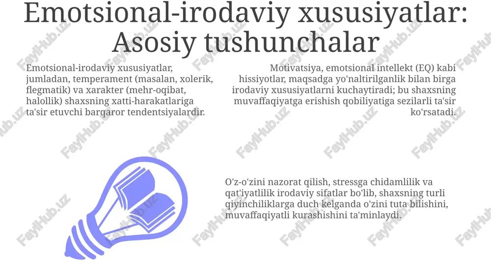 atlilik – bu 100% maqsadga erishish uchun qiyinchiliklarga qaramay, doimiy harakat qilish qobiliyati. bu shaxsning o'z yo'lidan qaytmaslik uchun ichki kuchidir. sabr-toqat – bu kutilgan natijaga erishish uchun vaqtinchalik qiyinchiliklarni 99% chidab, o'z hissiyotlarini nazorat qila olish. stressni kamaytirishda muhim ahamiyatga ega. maqsadga yo'naltirilganlik – bu aniq maqsadni belgilash va unga erishish uchun 80% resurslarni yo'naltirish. bu motivatsiyani saqlash va samaradorlikni oshirishda muhim. emotsional intellekt: o'z hissiyotlarini tushunish va boshqarish o'z hissiyotlarini boshqarish texnikalaridan biri "5 soniya qoidasi"dir. salbiy his paydo bo'lganda, 5 soniya kutish orqali impulsiv harakatlarning oldini olish mumkin. emotsional intellektda o'z hissiyotlarini aniqlash muhim. masalan, "g'azab"ning 1 dan 10 gacha bo'lgan shkalada qanchalik kuchliligini baholash orqali his qilish mumkin. empatiya, boshqalarning his-tuyg'ularini tushunish va ularga hamdard bo'lish qobiliyati, emotsional intellektning muhim elementidir. odamlarning holatini tushunish muammolarni hal qiladi. irodaviy sifatlarni kuchaytiruvchi omillar o'z-o'zini tarbiyalash, 3-bosqichli maqsad qo'yish orqali qat'iyatlilikni oshiradi: aniq maqsadlar, real muddatlar va erishish mumkin …