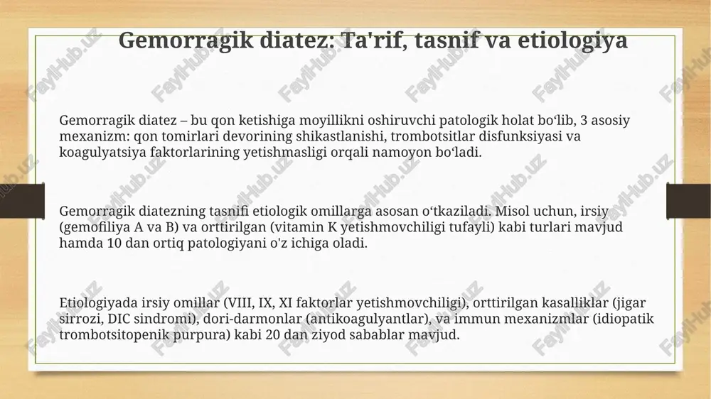 i va jigar fermentlarini baholash muhim. bolalarda gemorragik diatezning differensial diagnostikasi tug'ma qon ivish omili yetishmovchiligi (masalan, viii yoki ix omil) va immun trombotsitopenik purpurani istisno qilishni talab etadi. e'tiboringiz uchun rahmat @taqdimot_robot image3.png image4.png