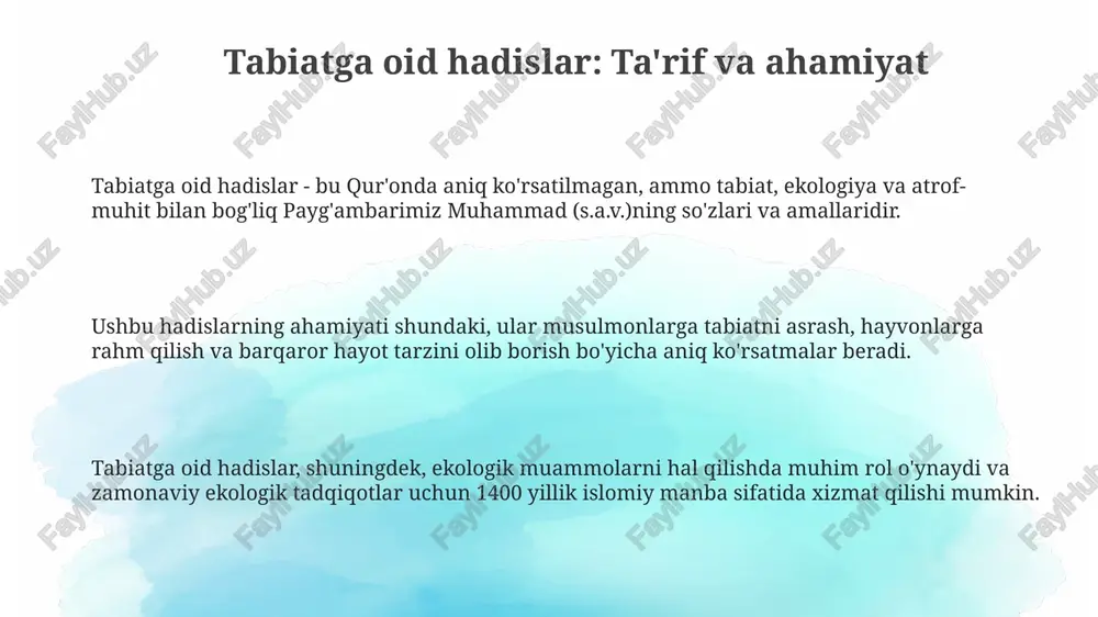 ishning asosiy tamoyillarini, masalan, resurslardan oqilona foydalanishni va kelajak avlodlar uchun ularni saqlashni ta'kidlaydi. ko'pgina hadislarda isrof qilish qoralanadi, bu barqaror rivojlanishning asosiy elementi hisoblanadi, zero ortiqcha iste'mol resurslarni tugatadi va atrof-muhitga zarar yetkazadi. hadislarda daraxt ekish va bog'dorchilik rag'batlantiriladi, bu esa ekologik muvozanatni saqlashga, karbonat angidridni kamaytirishga va oziq-ovqat xavfsizligini ta'minlashga yordam beradi. e'tiboringiz uchun rahmat image2.png image1.png