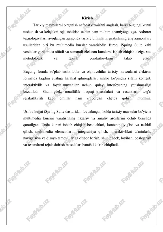ga bog'liqlik, ba'zan cheklangan imkoniyatlar. ispring suite: virtual ekskursiyalarni integratsiya qilish, qo'shimcha ma'lumotlar berish, o'rganishni qiziqarli qilish. shaxsiy tajriba (sayohatlar) unutilmas taassurotlar, bevosita kuzatuv, madaniy almashinuv. qimmat, vaqt talab qiladi, hamma uchun emas. ispring suite: sayohatlarni virtual tarzda takrorlash, interaktiv xaritalar yaratish, hikoyalarni qo'shish. kursning maqsadi va vazifalari ushbu kursning asosiy maqsadi talabalarda tarixiy tafakkurni shakllantirish, tarixiy voqealarga nisbatan tanqidiy munosabatni rivojlantirish va o'tmishni bugungi kun bilan bog'lay olish qobiliyatini oshirishdan iborat. biz talabalarning faktlarni yodlashdan ko'ra, sabab-oqibat aloqalarini tushunishlariga e'tibor qaratamiz. shuningdek, talabalarda tarixiy manbalar bilan ishlash, ularni tahlil qilish va baholash ko'nikmalarini rivojlantirish ham muhim vazifadir. kursning vazifalariga quyidagilar kiradi: talabalarni asosiy tarixiy davrlar va voqealar bilan tanishtirish; turli madaniyatlarning tarixiy rivojlanishini o'rganish; tarixiy voqealarning sabablari va oqibatlarini tahlil qilishni o'rgatish; talabalarda ilmiy tadqiqotlar olib borish ko'nikmalarini shakllantirish; tarixiy ma'lumotlarni turli manbalardan topish va ularni baholashni o'rgatish; o'z fikrlarini ilmiy asosda bayon eta olish qobiliyatini rivojlantirish. kursning tuzilishi …