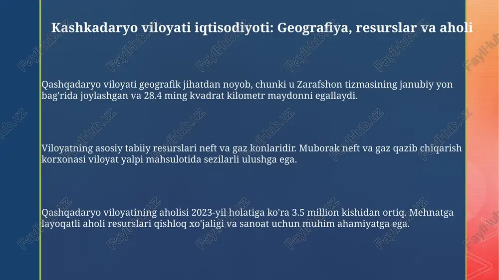 jiddiy ta'sir ko'rsatadi, tomchilatib sug'orish texnologiyalarini kengaytirish va suv tejovchi ekinlarni ekish orqali muammoni hal qilish mumkin. davlat siyosati kichik biznesni qo'llab-quvvatlashga qaratilgan bo'lib, 2024-yilgacha 500 ga yaqin yangi tadbirkorlik subyektlarini yaratish va ularga imtiyozli kreditlar ajratish rejalashtirilgan. kelajakda gaz-kimyo sanoatini rivojlantirish istiqbolli, bu esa yangi ish o'rinlarini yaratish va 2030-yilga borib viloyat yaimini 15% ga oshirish imkonini beradi. e'tiboringiz uchun rahmat @taqdimot_robot image1.png image2.png