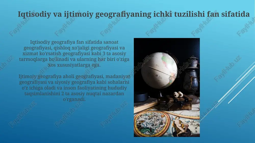 logiya bilan aloqasi iqtisodiy va ijtimoiy geografiya ekologiya bilan resurslardan foydalanishning iqtisodiy oqibatlarini o'rganadi. masalan, 100 tonna ko'mir qazib olish atrof-muhitga ta'sirini baholash muhimdir. ekologiya bilan aloqa, sanoatning joylashuvi atrof-muhitga ta'sirini tahlil qilishni o'z ichiga oladi. 30 km radiusda joylashgan zavodlarning ekosistemaga salbiy ta'sirini minimallashtirish zarur. zamonaviy tendentsiyalar globallashuv iqtisodiy va ijtimoiy geografiyada transmilliy korporatsiyalarning (tnk) roli va ta'sirini o'rganishga, xususan, 4.0 sanoatning kelajakdagi ta'sirini tahlil qilishga undaydi. raqamli texnologiyalar geografik ma'lumotlarni tahlil qilish uchun yangi imkoniyatlar yaratadi. gis va katta ma'lumotlar yordamida urbanizatsiya jarayonlari va demografik tendentsiyalarni modellashtirish kuchaymoqda. kelajak istiqbollari kelajakda raqamli texnologiyalar yordamida geografik ma'lumotlarni tahlil qilishning rivojlanishi, masalan, sun'iy intellekt (ai) va katta ma'lumotlar (big data) orqali aniqlik oshiriladi. global muammolarni hal etishda, iqlim o'zgarishi, migratsiya va urbanizatsiya kabi, geografik tadqiqotlar muhim rol o'ynaydi, 2030 yilgacha barqaror rivojlanish maqsadlariga erishishda yordam beradi. e'tiboringiz uchun rahmat @taqdimot_robot image2.jpg image3.jpg image4.jpg image5.jpg image6.jpg image7.jpg image8.jpg image9.jpg image10.jpg image11.jpg …