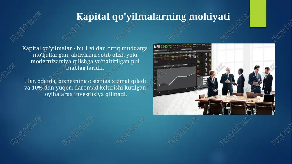 moliyaviy vositachilarning barqarorligini ta'minlaydi, kapitalning yetarli darajada saqlanishi va risklarni boshqarish standartlariga rioya etilishini talab qiladi. kapital qo'yilmalarni moliyalashtirish manbalari kapital qo'yilmalarni moliyalashtirish manbalariga bank kreditlari kiradi, bu odatda 1 yildan ortiq muddatga beriladigan kreditlar bo'lib, foiz stavkalari bo'yicha qaytariladi. aksiyalar emissiyasi korxonalarga kapital qo'yilmalarni moliyalashtirish uchun imkoniyat yaratadi, investorlar esa kompaniyaning ulushlariga ega bo'lib, dividendlar olish huquqiga ega bo'lishadi. o'zbekistonda kapital bozorining rivojlanish tendentsiyalari o'zbekistonda kapital bozorining rivojlanishi, xususan 2020-yildan boshlab, davlat aktivlarini xususiylashtirishning faollashuvi bilan bog'liq bo'lib, bu esa investorlar uchun yangi imkoniyatlar yaratdi. kapital bozorida obligatsiyalar hajmi ortib bormoqda, 2023-yilga kelib korporativ obligatsiyalar bozorining hajmi sezilarli darajada oshdi, bu esa kompaniyalarning moliyaviy resurslarga kirishini osonlashtirdi. kapital qo'yilmalar va iqtisodiy o'sish o'rtasidagi bog'liqlik kapital qo'yilmalar asosiy vositalarga (masalan, zavodlar) investitsiyalarni o'z ichiga oladi, bu esa 3-5 yil ichida ishlab chiqarish quvvatini oshiradi va iqtisodiy o'sishni rag'batlantiradi. ilmiy-tadqiqot va tajriba-konstruktorlik ishlariga (itdki) qilingan investitsiyalar uzoq muddatda (10+ yil) innovatsiyalarni …