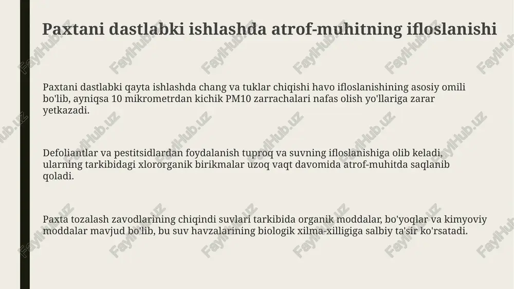 lar bo'lib, ekotizimga zarar yetkazadi. asosiy manbalar qatoriga 1-va 2-darajali yonilg'i (ko'mir, neft) yoqilganda hosil bo'ladigan, zaharli gazlar (so2, nox) va qattiq zarrachalar kiradi, ular nafas olish yo'llariga salbiy ta'sir ko'rsatadi. sanoat chiqindilari tarkibida og'ir metallar (qo'rg'oshin, simob, kadmiy) mavjud bo'lib, ular tuproq va suv havzalarini ifloslantiradi, shuningdek, o'simliklar va hayvonot dunyosiga bioakkumulyatsiya orqali ta'sir ko'rsatadi. atrof-muhit monitoringi va tahlil usullari atrof-muhit monitoringida atmosfera havosini tahlil qilish uchun gaz xromatografiyasi usuli keng qo'llaniladi, bu 0.001 ppm gacha bo'lgan organik birikmalarni aniqlash imkonini beradi. suv sifatini monitoring qilishda metall ionlarini aniqlash uchun atom-absorbsion spektrometriya usuli ishlatiladi, bu esa suv havzalaridagi og'ir metallarning 1 µg/l dan kam konsentratsiyasini o'lchashga yordam beradi. tuproq monitoringida ifloslantiruvchi moddalarni aniqlash uchun laboratoriya sharoitida tuproq namunalarini ekstraksiya qilish va keyinchalik mass-spektrometriya usuli bilan tahlil qilish qo'llaniladi. sanitariya me'yorlari va qoidalari (sanpin) sanpin sanoat korxonalari uchun maksimal ruxsat etilgan konsentratsiyalarni (mrk) va zararli moddalarning maksimal ruxsat etilgan chiqarilishini …