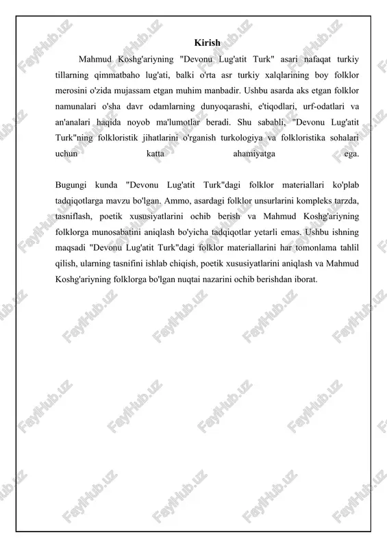 va aniq iboralar bo'lib, turli hayotiy vaziyatlarda maslahat, ogohlantirish yoki xulosa sifatida ishlatilgan. masalan, asarda keltirilgan «ot ayog'idan, er og'zidan» maqoli otning yurishidan va erkakning gapidan bilish mumkinligini anglatadi. yana bir misol, «o'g'ri to'g'rini aytguncha, halol o'ladi» maqoli esa yolg'onchining gapiga ishonib bo'lmasligini ta'kidlaydi. ushbu maqollar tilning boyligini va xalqning hayotiy tajribasini namoyon etadi. koshg'ariy maqol va matallarni faqatgina lug'aviy ma'nosini izohlash bilan cheklanmay, balki ularning etimologiyasini, kelib chiqish tarixini va madaniy ahamiyatini ham ochib beradi. bu orqali biz ushbu iboralarning qanday shakllanganligini, qanday ma'nolarni anglatganligini va qanday madaniy kontekstda ishlatilganligini bilib olamiz. maqol va matallarning tematikasi juda xilma-xil bo'lib, mehnat, do'stlik, sevgi, adolat, axloq va boshqa ko'plab mavzularni qamrab oladi. ularning tahlili o'sha davr odamlarning qadriyatlarini va dunyoqarashini tushunishga yordam beradi. afsona va rivoyatlarning madaniy ahamiyati «devonu lug'atit turk»da turkiy xalqlarning afsonalari va rivoyatlari ham muhim o'rin egallaydi. ular xalqning tarixiy xotirasini saqlab qolishga, qahramonlik ruhini tarbiyalashga va axloqiy …