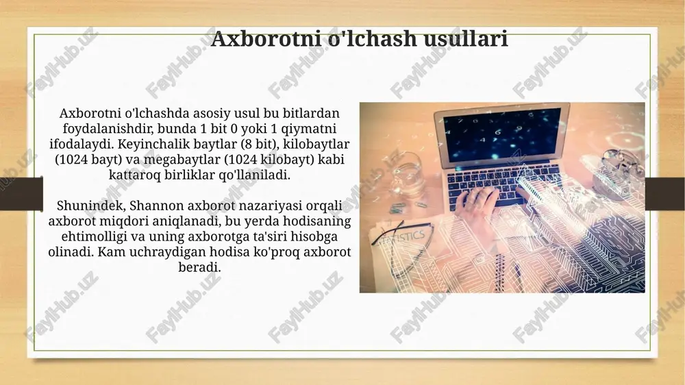 elgi (harflar, raqamlar, punktuatsiya belgilari va boshqaruv kodlari) ni ifodalash imkonini berdi va kompyuterlarda keng qo'llanildi. amaliy misollar: ascii va unicode qo'llanilishi ascii dan foydalanishga misol qilib, eski terminallarda 7 bitli ascii belgilar to'plami matnni ko'rsatish uchun ishlatilgan. bu xatolar xabarini standartlashtirish imkonini berdi. unicode amaliy qo'llanilishiga veb-saytlarda ko'p tilli tarkibni ko'rsatish kiradi. utf-8 kodlash turli tillardagi 1 milliondan ortiq belgilarni qo'llab-quvvatlaydi. matnni kodlashda muammolar va ularni hal qilish yo'llari turli xil kodlash usullari (ascii, utf-8, utf-16) o'rtasida mos kelmaslik, matnni noto'g'ri aks ettirishga olib kelishi mumkin. uni yechish uchun standartlashtirilgan utf-8 dan foydalanish va kodlashni aniq belgilash kerak. ba'zi eski tizimlar unicode'ni to'liq qo'llab-quvvatlamaydi, bu matnning bir qismini yo'qotishiga sabab bo'ladi. bu muammoni hal qilish uchun, eski tizimlarni yangilash yoki moslashtirish qatlamidan foydalanish kerak. matnli axborotni kodlashning istiqbollari kelajakda matnni kodlash usullari neyron tarmoqlari va ai yordamida avtomatik ravishda optimallashtirilishi mumkin, bu esa 50% gacha saqlash hajmini kamaytiradi. unicode-ning …