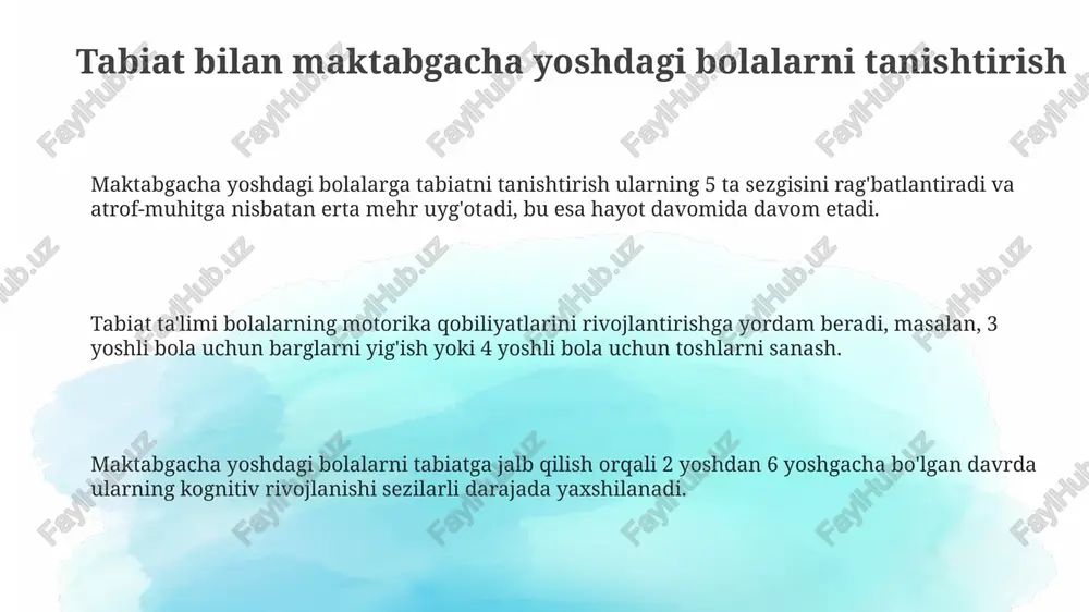 g, bunda bolalarning xatti-harakatlari va so'zlarini 1 dan 5 gacha bo'lgan shkala bo'yicha baholash mumkin. bolaning tabiatni anglashini kuzatish jarayonida, fotosuratlar va bolalarning rasmlarini yig'ish orqali ularning birinchi yilgi o'simlik o'sishini qanday tushunishlarini namoyish eting. baholash uchun tabiiy materiallar bilan o'ynash paytida bolalarning savollariga e'tibor qarating; 3 tadan ko'proq savol berish ularning qiziqish darajasi yuqori ekanligini ko'rsatadi. e'tiboringiz uchun rahmat @taqdimot_robot image2.png image1.png