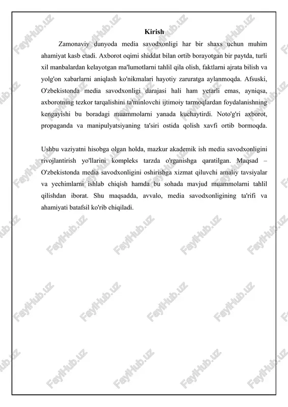 iyoti uchun ham katta ahamiyatga ega. shaxsiy darajada, media savodxonligi insonlarga manipulyatsiyadan himoyalanishga, o'z fikrlarini shakllantirishga va qaror qabul qilishda mustaqil bo'lishga yordam beradi. bu ularga soxta axborot, dezinformatsiya va propagandadan himoyalanish imkoniyatini beradi. bundan tashqari, media savodxonligi ijodiy qobiliyatlarni rivojlantiradi, chunki u insonlarga media kontentini yaratish va tarqatishda ko'proq ishonch beradi. jamiyat nuqtai nazaridan, media savodxonligi demokratik jarayonlarni mustahkamlashga yordam beradi. axborotni tanqidiy baholay oladigan fuqarolar siyosiy manipulyatsiyaga kamroq moyil bo'ladilar va saylovlarda ongli ravishda ishtirok etadilar. media savodxonligi, shuningdek, turli nuqtai nazarlarga tolerantlikni oshiradi va polarizatsiyani kamaytiradi. yunesko ma'lumotlariga ko'ra, media savodxonligi jamiyatda tinchlik va barqarorlikni ta'minlashga xizmat qiladi, chunki u insonlarga o'zaro tushunish va muloqot qilish imkoniyatini beradi. 📊 media savodxonlikni rivojlantirish bo'yicha asosiy ma'lumotlar ushbu statistika media savodxonlikni rivojlantirish usullari va ularning ta'sirini ko'rsatadi. media savodxonlik bo'yicha treningdan o'tgan o'quvchilarning tanqidiy fikrlash ko'nikmalari o'sishi 45% media savodxonlik treningidan o'tgan o'quvchilarning tanqidiy fikrlash qobiliyatlari 45% ga oshgan. …