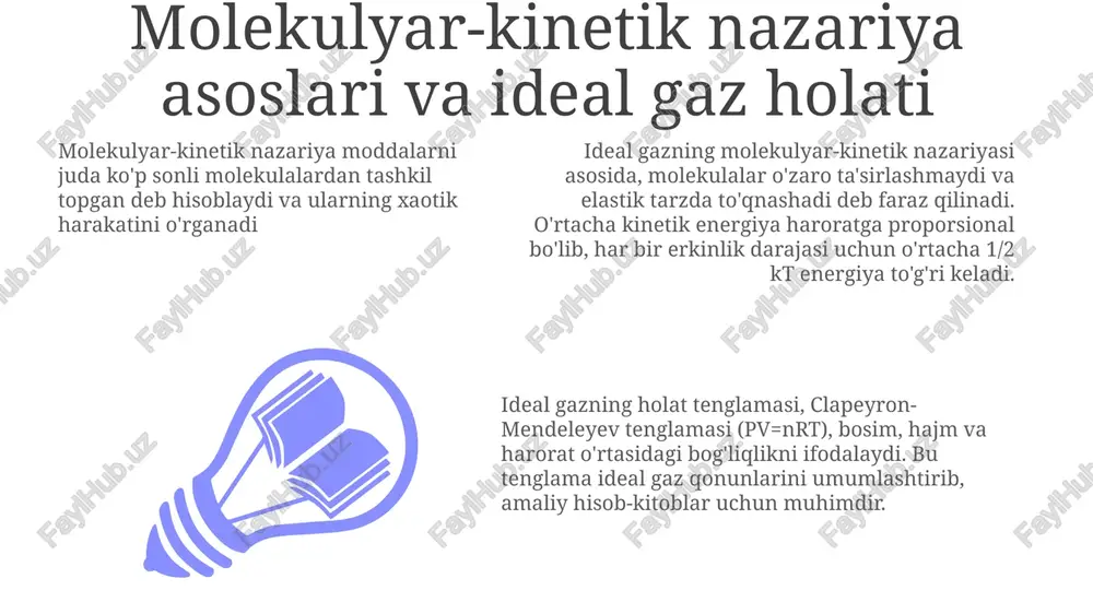 kvazizarrachalarning xususiyatlarini aniqlaydi. bu debye modeli kabi yondashuvlarni o'z ichiga oladi. suyuqliklar nazariyasi murakkabroq, chunki atomlar tartibsiz joylashgan. radial taqsimot funksiyasi kabi usullar atomlar orasidagi o'rtacha masofani va korrelyatsiyalarni aniqlashga yordam beradi. fazaviy o'tishlar va kritik hodisalar fazaviy o'tishlar moddaning bir holatdan boshqa holatga o'tishi bo'lib, masalan, suvning 0 gradus selsiyda muzlash holatidir. kritik hodisalar esa, o'tish nuqtasiga yaqinlashganda namoyon bo'ladi. ikkinchi tur fazaviy o'tishlarda tartib parametri uzluksiz o'zgaradi, ammo ikkinchi tartibli hosilasi uzilishga uchraydi. kritik nuqtada korrelyatsiya uzunligi cheksizlikka intiladi magnit materialdagi fazaviy o'tishlarda, masalan, kyuri nuqtasida, materialning magnit xususiyatlari sezilarli darajada o'zgaradi. kritik eksponentlar kritik hodisalarni tavsiflashda muhim rol o'ynaydi. e'tiboringiz uchun rahmat @taqdimot_robot image1.jpeg image2.jpeg image3.jpeg