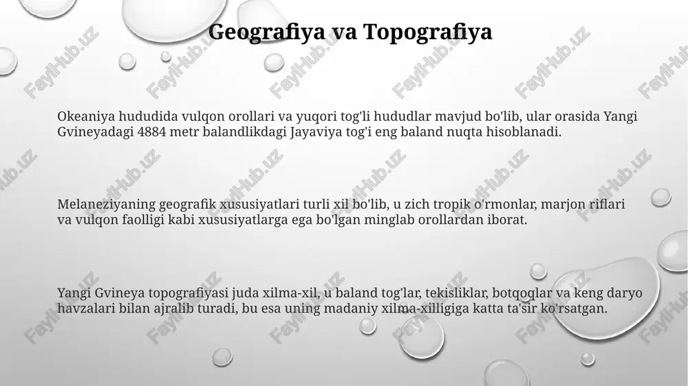 im o'zgarishi dengiz sathining ko'tarilishiga olib keladi, bu esa pasttekislikdagi jamoalarni ko'chirishni talab qiladi va 2100 yilgacha ko'plab orollar yo'qolishi mumkin. resurslarni qazib olish va yog'och tayyorlash ekotizimlarni yo'q qiladi, an'anaviy turmush tarzini buzadi va davlatlar resurslarni barqaror boshqarishi kerak. globalizatsiya madaniy yo'qolish, yoshlar uchun ish izlashda migratsiya va an'anaviy qadriyatlarning yo'qolishiga olib keladi, bu esa madaniy merosni saqlashni muhim qiladi. e'tiboringiz uchun rahmat @taqdimot_robot image3.png image1.png image2.png
