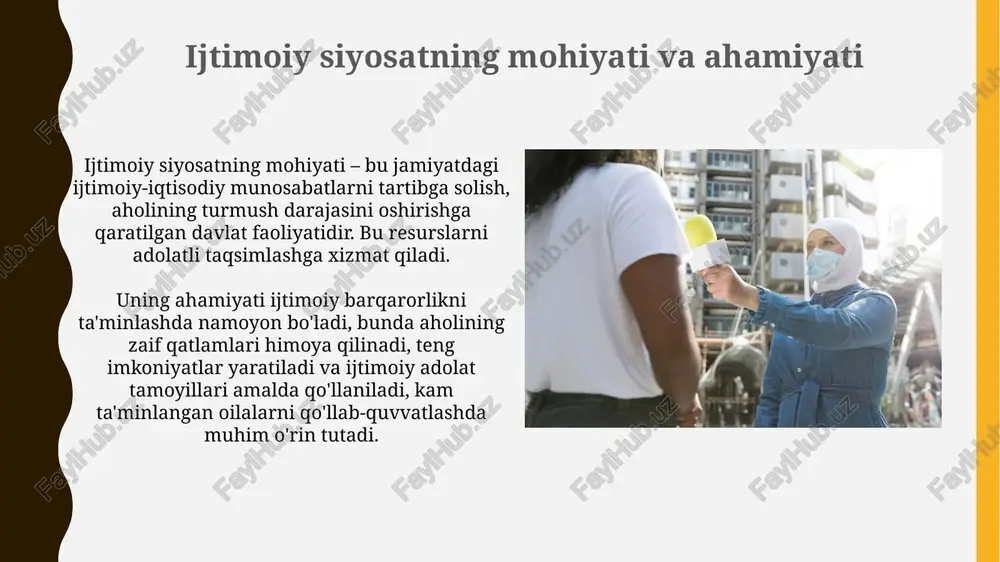 ayollar ulushi 30% ga yetdi, bu gender tengligiga qaratilgan muhim qadamdir. hukumat 2022-yilda xotin-qizlar tadbirkorligini qo'llab-quvvatlash uchun 100 milliard so'm ajratdi, bu ularning iqtisodiy imkoniyatlarini oshirishga xizmat qiladi. ijtimoiy infratuzilmani rivojlantirish ijtimoiy infratuzilmani rivojlantirish 2022-2026 yillarda ta'lim muassasalari, sog'liqni saqlash markazlari va madaniyat ob'ektlarini modernizatsiya qilishni o'z ichiga oladi, bunda mahalliy aholining qulayligi oshiriladi. transport infratuzilmasini yaxshilash, jumladan 1500 km yangi yo'llar qurish va mavjudlarini ta'mirlash ijtimoiy infratuzilmani rivojlantirishning asosiy yo'nalishlaridan biri bo'lib, hududlararo aloqalarni mustahkamlaydi. ijtimoiy adolat va tenglikni ta'minlash ijtimoiy adolatni ta'minlashda davlat 2030 yilgacha kambag'allikni kamaytirish maqsadida manzilli ijtimoiy yordamni kuchaytiradi va teng imkoniyatlar yaratadi. tenglikni ta'minlash uchun mehnat qonunchiligi gender tengligini mustahkamlaydi, ayollar uchun yuqori lavozimlarga erishish imkoniyatini oshiradi va kamsitishga qarshi kurashadi. ijtimoiy siyosatning istiqbollari va rivojlanish tendentsiyalari ijtimoiy siyosatda raqamli texnologiyalardan foydalanishning kengayishi, masalan, elektron ijtimoiy xizmatlar koʻrsatish va maʼlumotlarni tahlil qilish orqali samaradorlikni oshirish tendentsiyasi kuzatilmoqda. kelajakda ijtimoiy investitsiyalarning ortishi, xususan, inson kapitalini …