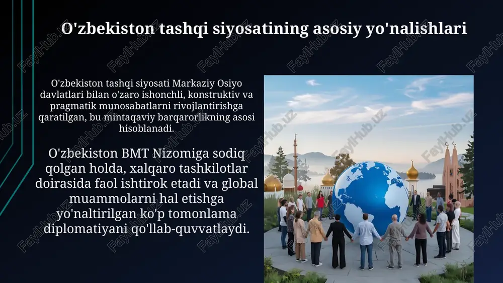 titsiyalarni jalb etish istiqboli, 2024-2030 yillarda yangi mehmonxonalar va dam olish maskanlarini qurishni jadallashtirishga yordam beradi. raqamli turizm platformalarini rivojlantirish, xususan, elektron vizalar va onlayn bron qilish tizimlarini takomillashtirish orqali 2025 yilga borib xorijiy sayyohlar sonini 10 millionga yetkazish mumkin. global muammolarni hal etishda o'zbekistonning hissasi o'zbekiston orol dengizi inqirozini yumshatishga qaratilgan ko'p milliard dollarlik bmt orol dengizi jamg'armasini qo'llab-quvvatlaydi va faol ravishda suv resurslarini boshqarish strategiyalarini ilgari surmoqda. respublika afg'onistonda tinchlik o'rnatish, mintaqaviy barqarorlikni mustahkamlash, terrorizm va ekstremizmga qarshi kurashishga qaratilgan toshkent konferensiyasi kabi muhim tashabbuslarni ilgari surdi. xalqaro maydonda o'zbekistonning imiji o'zbekistonning xalqaro imiji 2016-yildan so'ng sezilarli darajada yaxshilandi, bu esa mamlakatning siyosiy va iqtisodiy sohalardagi islohotlarining natijasidir. o'zbekistonning turizm sohasidagi faolligi, xususan, 2023-yilda 7 milliondan ortiq sayyohni qabul qilishi, uning xalqaro imidjini ijobiy tomonga o'zgartirmoqda. o'zbekistonning bmt faoliyatidagi roli o'zbekiston bmtning barqaror rivojlanish maqsadlariga (brm) erishishga qaratilgan sa'y-harakatlarda faol ishtirok etib, 2030 yilgacha bo'lgan kun tartibini milliy …
