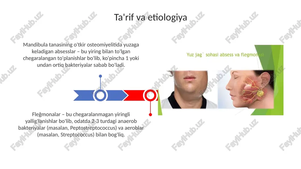 r yoki yuz nervining shikastlanishi kabi asoratlar xavfini oshiradi. prognoz profilaktika o'tkir osteomiyelitni oldini olish uchun bolalarda tish kasalliklarini o'z vaqtida davolash, masalan, erta kariesni davolash va og'iz gigienasini saqlash juda muhim, chunki bu infeksiya manbai bo'lishi mumkin. mandibulyar suyakning o'tkir osteomiyelitidan kelib chiqadigan flegmona va abseslarning oldini olish uchun erta davolanish katta ahamiyatga ega. 0,5% xlorgeksidin eritmasi bilan og'izni chayish kabi antiseptik choralarni ko'rish kerak. mandibula tanasi o'tkir osteomiyelitida atrof yumshoq to'qimalarning absesslari va flegmonalari mandibula tanasi o'tkir osteomiyelitida atrof yumshoq to'qimalarning absesslari ko'pincha staphylococcus aureus kabi bakteriyalar bilan bog'liq bo'lib, yallig'lanish va yiring to'planishiga olib keladi. flegmonalar diffuz tarqalgan yallig'lanish bo'lib, odatda jag' osti bo'shlig'i va bo'yinning chuqur to'qimalariga tarqaladi, bu esa nafas olish yo'llarini to'sish xavfini oshiradi. rentgen diagnostikasi rentgen tekshiruvi dastlabki bosqichda suyak tuzilishidagi o'zgarishlarni, masalan, periostal reaktsiyani aniqlashga yordam beradi, lekin 7-14 kundan oldin emas. mandibula osteomielitida rentgenogrammada suyak zichligining pasayishi (osteoporoz) va kortikal qatlamning …