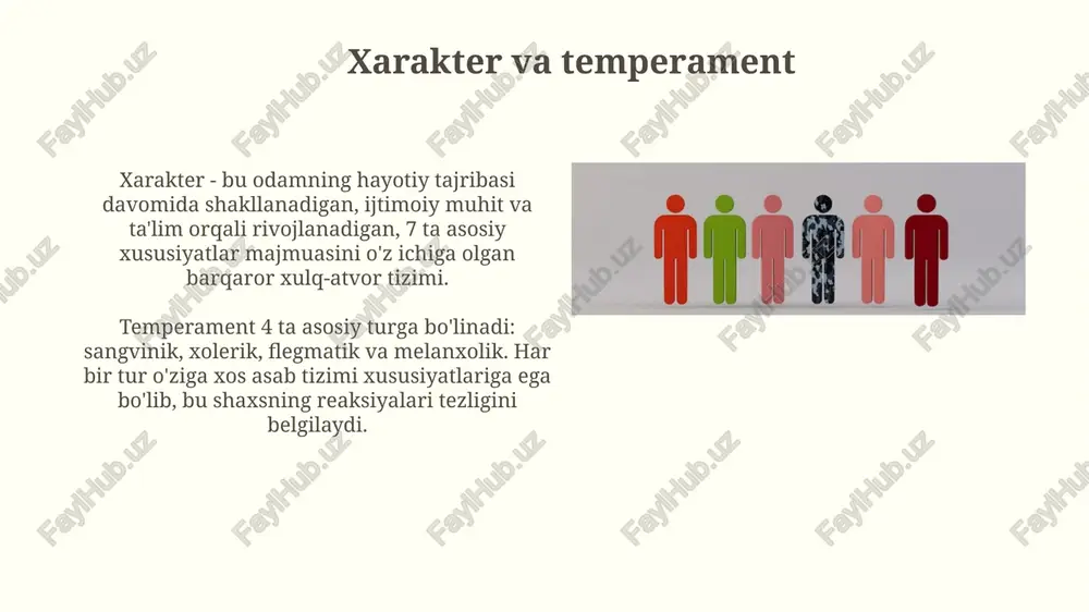 vojlanish nazariyasiga ko'ra, zigmund freyd odamlar 5 ta bosqichdan o'tadi: og'iz, anal, fallik, latent va jinsiy. har bir bosqich jinsiy quvvatning turli sohalariga e'tiborni qaratadi. erik eriksonning psixosotsial rivojlanish nazariyasida 8 ta bosqich mavjud bo'lib, ularning har biri inqirozni o'z ichiga oladi: ishonch va ishonchsizlik, avtonomiya va uyat, tashabbus va aybdorlik, mehnatsevarlik va quyi kompleks. madaniy ta'sir madaniy ta'sir odamlarning xulq-atvori va qarorlariga ta'sir qiladi. masalan, osiyo madaniyatida 10 kishilik guruhiy qarorlar shaxsiy qarorlardan afzal ko'rilishi mumkin. madaniy ta'sir shaxsiyatning 5 asosiy xususiyatiga (masalan, extroversiya) ta'sir qilishi mumkin. shuning uchun, turli madaniyatlarda 30% gacha farqlar kuzatilishi mumkin. individual farqlar individual farqlarga iq darajasidagi farqlar kiradi, odatda 85 dan 115 gacha, kognitiv qobiliyatlar va 7 ta asosiy aqliy qobiliyatlar testlari orqali o'lchanadi. xarakter xususiyatlaridagi individual farqlar 5 ta omil modeli orqali tushuntiriladi: rozilik, vijdonlilik, ekstraversiya, nevrotizm va ochiqlik, ularning diapazoni 1 dan 10 gacha. shaxsiy o'ziga xoslik shaxsiy o'ziga xoslik - …