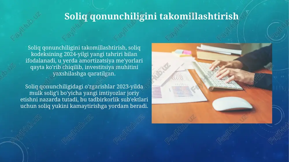 holatlarini 30 foizga kamaytirish maqsad qilingan. soliq xizmati xodimlarining daromadlari deklaratsiyasi majburiy ekanligi va ularning mol-mulki 2024-yildan boshlab har yili mustaqil auditorlar tomonidan tekshirilishi korrupsiyani oldini oladi. soliq siyosatini takomillashtirish soliq siyosatini takomillashtirishda davlat 5 yillik strategiyani ishlab chiqishi lozim, bunda yimning 25 foizini soliq tushumlari tashkil etishi maqsad qilinadi, demografik o'sish hisobga olinadi. soliq siyosatini takomillashtirishda 3 yillik soliq imtiyozlari samaradorligini baholash mexanizmini joriy etish lozim, bu imtiyozlar orqali budjetga tushumlar kamayishining oldini oladi. soliq bazasini kengaytirish soliq bazasini kengaytirish yangi bizneslarni rag'batlantirish orqali amalga oshiriladi, bu esa 20% ko'proq soliq to'lovchilar va kamida 15 milliard so'm qo'shimcha tushumni ta'minlaydi. iqtisodiyotning norasmiy sektorini legallashtirish orqali soliq bazasini 10% ga kengaytirish mumkin, bunda ro'yxatdan o'tgan tadbirkorlar soni 5000 taga yetishi kutilmoqda. e'tiboringiz uchun rahmat image2.png image5.jpg image6.jpg image7.jpg image8.jpg image9.jpg image10.jpg image11.jpg image12.jpg image13.jpg image14.jpg image15.jpg