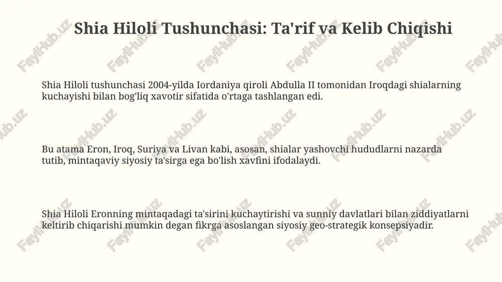 vi yoki yumshashi ehtimolini o'rganishni talab etadi. mintaqaviy siyosatdagi o'zgarishlar, masalan, 2025-yilga borib eronning yadroviy kelishuvi qayta tiklanishi, 'shia hiloli'ga ta'sir etishi mumkin. iqtisodiy rivojlanishning ta'siri, shu jumladan, 2030-yilga mo'ljallangan infratuzilma loyihalari, sektant ziddiyatlarni kamaytirishi yoki kuchaytirishi mumkin. e'tiboringiz uchun rahmat @taqdimot_robot image3.png