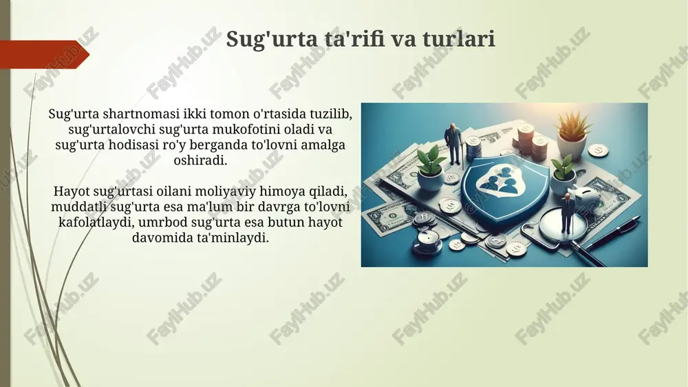 ni taqdim etadi va xavfni kamaytiradi. sun'iy intellekt (ai) sug'urta da'volarini qayta ishlashni tezlashtirmoqda, 70% gacha avtomatlashtirish va firibgarlikni aniqlashni yaxshilash orqali aniqlik darajasini oshiradi. sug'urta sohasining kelajagi: muammolar va istiqbollar sug'urta sohasidagi asosiy muammo – bu kiberxavfsizlik xavflari bo'lib, 2024-yilda raqamli aktivlarni himoya qilish uchun investitsiyalar 15% ga oshishi kutilmoqda. sun'iy intellekt (ai) sug'urta sohasida katta istiqbollarni ochadi, 2025-yilga kelib esa, ai yordamida risklarni baholash va da'volarni hal qilish 30% ga tezlashishi mumkin. e'tiboringiz uchun rahmat image1.png image2.jpg image3.jpg image4.jpg image5.jpg image6.jpg image7.jpg image8.jpg image9.jpg image10.jpg image11.jpg
