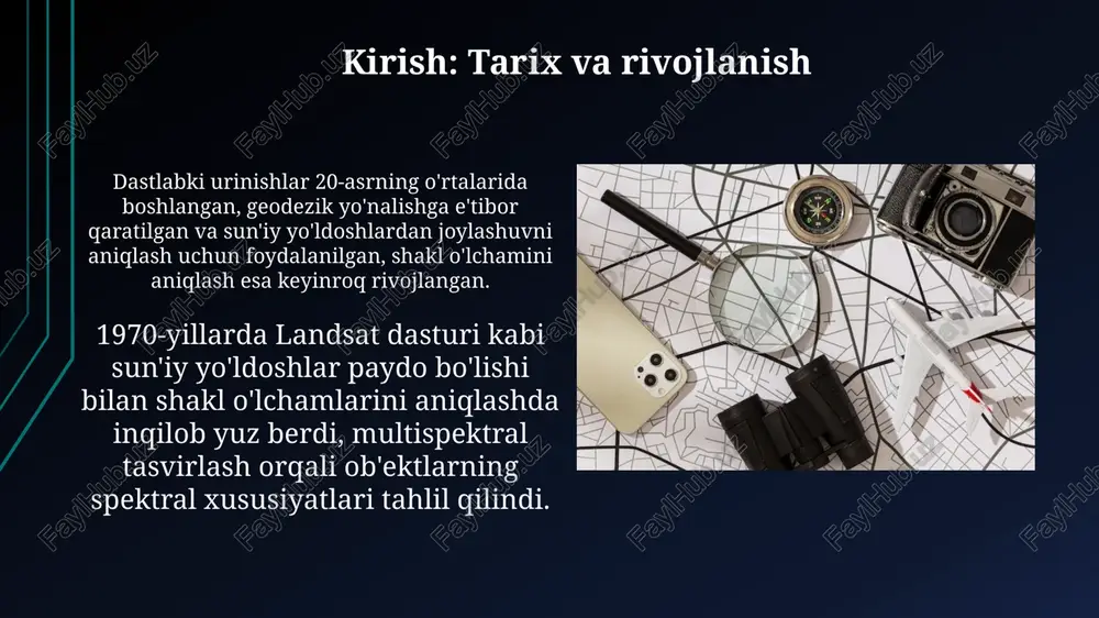 ng kalibrlanishiga bog'liq bo'lib, nurlanish qiymatlarini aniq o'lchashni ta'minlaydi. 5% dan kam bo'lgan nurlanish o'zgarishlari ko'pgina ilovalarda muhimdir. dasturiy ta'minot va platformalar envi va erdas imagine kabi dasturiy ta'minotlar sun'iy yo'ldosh tasvirlarini qayta ishlash uchun keng qo'llaniladi, ular geometrik tuzatish, tasvirni yaxshilash va ob'ektlarni aniqlash uchun 100 dan ortiq algoritmlarni o'z ichiga oladi. gis platformalari, jumladan arcgis va qgis, sun'iy yo'ldosh ma'lumotlarini tahlil qilish va vizuallashtirish uchun 3d modellashtirish imkoniyatini taqdim etadi, bu esa 0,5 metrgacha bo'lgan aniqlikdagi ob'ektlarning o'lchamlarini aniqlashga yordam beradi. amaliy qo'llanilishi va holat tadqiqotlari qishloq xo'jaligida ekin maydonlarini baholashda sun'iy yo'ldoshlar muhim rol o'ynaydi, masalan, 1000 gektar maydonni o'lchash va hosildorlikni 10% aniqlikda prognoz qilish imkonini beradi. shaharsozlikda sun'iy yo'ldosh ma'lumotlari binolarning maydonini aniqlash, 500 dan ortiq uy-joyni monitoring qilish va shaharning kengayish tendentsiyalarini tahlil qilish uchun ishlatiladi. qiyinchiliklar, kelajak istiqbollari va huquqiy-axloqiy masalalar atmosfera buzilishlari va sensor cheklovlari 10 sm gacha bo'lgan aniqlikdagi o'lchovlar uchun …