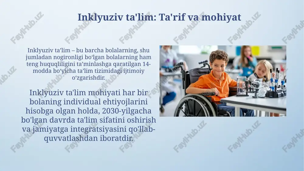 b keladi. ota-onalarning 60 foizi inklyuziv ta'limni qo'llab-quvvatlaydi, ammo o'qituvchilarning tayyorgarligi va resurslarning yetishmasligi haqida xavotirlar mavjud (taxminan 30%). inklyuziv ta'limning muammolari va yechimlari mavjud muammo – yetarli malakali pedagoglarning yo'qligi; yechim – 5 yillik maqsadli o'quv dasturlarini ishlab chiqish orqali inklyuziv ta'lim bo'yicha mutaxassislarni tayyorlash. resurslar cheklanganligi asosiy qiyinchilik; uni hal etish uchun mahalliy byudjetdan 20% inklyuziv ta'limga yo'naltirish va xususiy sektor hamkorligini kuchaytirish zarur. inklyuziv ta'lim: afzalliklari va kamchiliklari inklyuziv ta'limning afzalliklaridan biri - barcha bolalar uchun ijtimoiy ko'nikmalarni rivojlantirish, shu jumladan, tipik rivojlanayotgan bolalar uchun empatiyani kuchaytirishdir. kamchiliklar orasida o'qituvchilarning yetarli tayyorgarligi yo'qligi va resurslarning cheklanganligi, bu esa 10% dan ortiq maxsus ehtiyojli bolalarga yordam berishni qiyinlashtirishi mumkin. o'zbekistonda inklyuziv ta'limni rivojlantirish istiqbollari 2030 yilgacha bolalar qamrovini kengaytirish, inklyuziv maktabgacha ta'limni 30% ga yetkazish va barcha umumta'lim maktablarida shart-sharoit yaratish asosiy maqsadlardan biridir. oliy o'quv yurtlarida inklyuziv ta'lim bo'yicha malakali mutaxassislarni tayyorlash, shu jumladan defektologiya va maxsus …