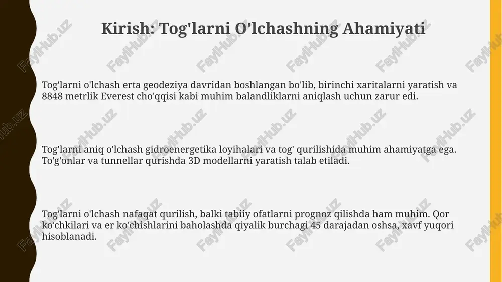 chovlar va mustahkamlovchi inshootlar zarur. xulosa va kelajakdagi tadqiqotlar kelajakdagi tadqiqotlar aniqlikni oshirishga qaratilgan bo'lishi kerak, xatoliklarni kamaytirish uchun algoritmlar va 0.5 metrdan kam bo'lgan yuqori aniqlikdagi dem ma'lumotlaridan foydalanish kerak. tog' hududlarida gis dasturlari va sun'iy yo'ldosh texnologiyalari integratsiyasini o'rganish, tog' turizmi va qurilish sohalarida 3d modellarni yaratish uchun muhim ahamiyatga ega. geodezik usullar bilan gps ma'lumotlarini birlashtirib, 10 km² maydonda vertikal va gorizontal masofalarni aniq hisoblash uchun yangi algoritmlar ishlab chiqish dolzarbdir. e'tiboringiz uchun rahmat @taqdimot_robot
