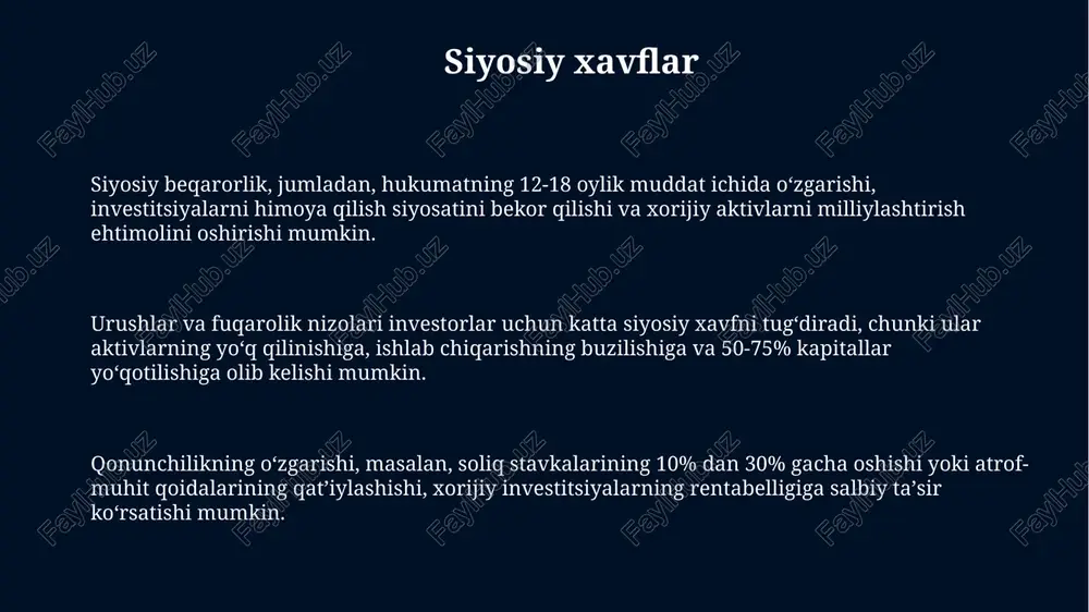 i va 25 yilgacha bo'lgan muddatlarda huquqiy o'zgarishlar. korrupsiya, ijtimoiy norozilik, me'yoriy-huquqiy va repatriatsiya xavflari korrupsiyaning yuqori darajasi xorijiy to'g'ridan-to'g'ri investitsiyalar (xtti) loyihalari uchun qo'shimcha 10-15% xarajatlarga olib kelishi mumkin, bu esa loyihaning rentabelligini pasaytiradi. ijtimoiy norozilik, masalan, xttiga qarshi norozilik namoyishlari, loyihalarni 20% gacha kechiktirishi mumkin, bu esa shartnoma shartlarini bajarishda qiyinchilik tug'diradi. repatriatsiya xavfi davlat tomonidan valyuta nazoratining kuchaytirilishi natijasida 30% gacha kapital repatriatsiyasini cheklashi mumkin, bu esa investordan pul mablag'larini olib chiqishni qiyinlashtiradi. e'tiboringiz uchun rahmat @taqdimot_robot image4.jpeg