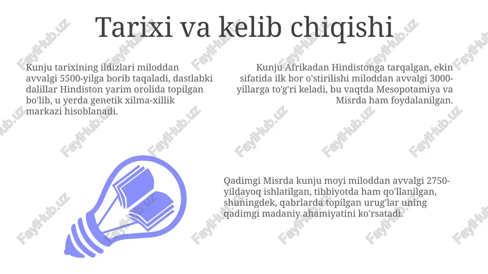 i, ayniqsa, halva va boshqa shirinliklar tayyorlashda keng qo'llaniladi. o'zbekistonning janubiy mintaqalarida kunjutning mahalliy navlari, masalan, 'surxon-14', qurg'oqchilikka chidamli bo'lib, yillik 250-350 mm yog'ingarchilikda ham yaxshi hosil berishi aniqlangan. kunjut urug'lari nafaqat oziq-ovqat sanoatida, balki farmatsevtika sohasida ham qo'llaniladi, ayniqsa, antioksidant xususiyatlari tufayli teri kasalliklarini davolashda 40% gacha samaradorlik ko'rsatadi. e'tiboringiz uchun rahmat @taqdimot_robot image1.jpeg image2.jpeg image3.jpeg