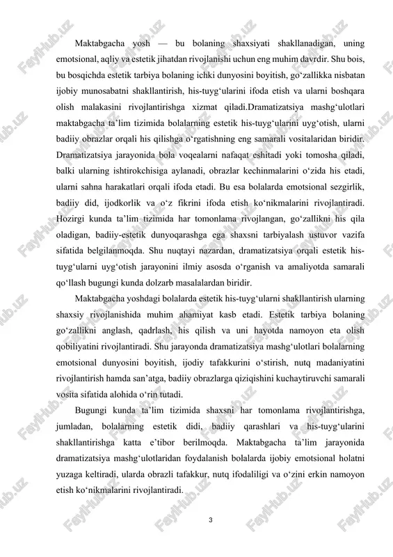 a go‘zallikni anglash va baholashni o‘rganadi. shu bois dramatizatsiya jarayonini estetik his-tuyg‘ularni uyg‘otish vositasi sifatida o‘rganish bugungi ta’lim islohotlari sharoitida dolzarb masala hisoblanadi. mazkur kurs ishi aynan dramatizatsiya orqali bolalarda estetik his-tuyg‘ularni uyg‘otishning nazariy va amaliy asoslarini tahlil qilishga, shuningdek, tarbiyachilar uchun metodik tavsiyalar ishlab chiqishga qaratilgan. mavzuning dolzarbligi maktabgacha ta’lim yoshidagi bolalarda estetik his-tuyg‘ularni shakllantirish ularning ma’naviy, axloqiy va badiiy dunyoqarashini rivojlantirishning muhim omilidir. dramatizatsiya mashg‘ulotlari orqali bola nafaqat voqealarni sahnalashtiradi, balki obrazlarni his qiladi, ularning kechinmalarini tushunadi va o‘z his-tuyg‘ularini badiiy ifoda etishni o‘rganadi. bugungi kunda ta’lim tizimida bolalarning emotsional va estetik rivojlanishiga alohida e’tibor qaratilmoqda. chunki estetik tarbiya bolani san’at, tabiat va hayotdagi go‘zallikni anglashga, ularga nisbatan ijobiy munosabatda bo‘lishga o‘rgatadi. dramatizatsion faoliyat esa bu jarayonda eng ta’sirchan vositalardan biridir. u bolalarda his-tuyg‘ularning chuqurlashuviga, badiiy tafakkur va nutq madaniyatining rivojlanishiga xizmat qiladi. shu boisdan dramatizatsiya orqali estetik his-tuyg‘ularni uyg‘otish masalasi zamonaviy maktabgacha ta’lim amaliyotida dolzarb ilmiy-pedagogik yo‘nalishlardan …