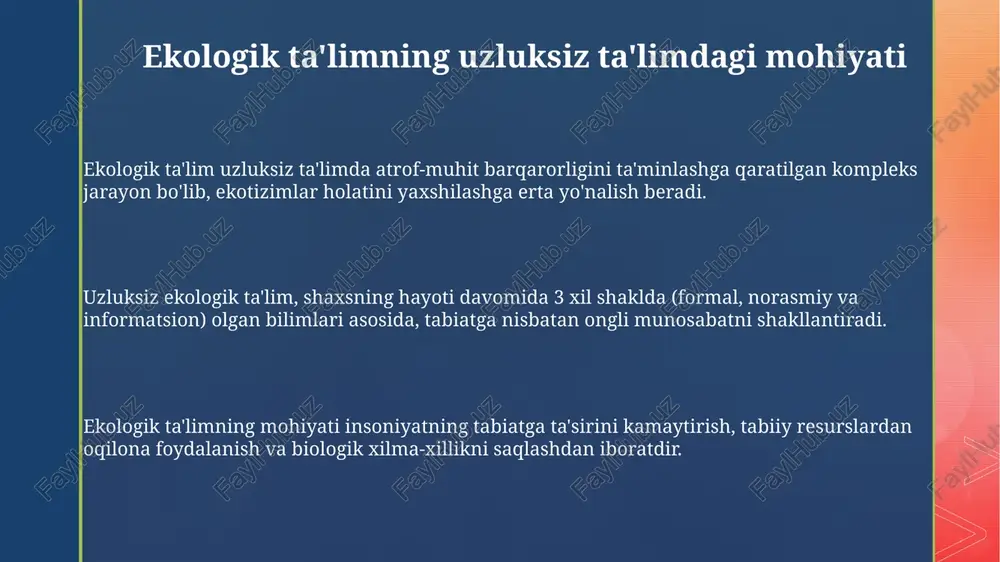 a erishish uchun milliy strategiyalarni moliyalashtirish va rivojlantirishni o'z ichiga oladi. jamiyat ekologik tashabbuslarni qo'llab-quvvatlash, 5r (rad etish, qisqartirish, qayta ishlatish, qayta tiklash, qayta ko'rib chiqish) tamoyillarini targ'ib qilish orqali muhim rol o'ynaydi. strategik rejalashtirish 2025 yilgacha ekologik ta'lim dasturlarini ishlab chiqish va amalga oshirish uchun davlat-xususiy sheriklikni faollashtirishni nazarda tutadi. e'tiboringiz uchun rahmat @taqdimot_robot image4.png image1.png image2.png