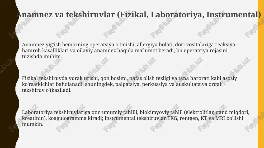 da anesteziya usulini tanlaydi. operatsiya sohasini belgilash va so'nggi tekshiruv operatsiya sohasini belgilashda 1% brilliant yashili eritmasidan foydalaniladi va terining kesiladigan joyi aniq ko'rsatiladi, bu esa xatoliklarni minimallashtirish uchun zarur. so'nggi tekshiruv operatsiya boshlanishidan oldin amalga oshiriladi, bunda bemorning shaxsi, operatsiya turi va joyi, allergik reaktsiyalar, asbob-uskunalar yana bir bor tasdiqlanadi. operatsiya sohasini belgilash bemor uyg'oq holatida bajariladi, agar bu mumkin bo'lmasa, jarrohlik jamoasi xavfsizlik protokoliga muvofiq 2 ta mustaqil tekshiruv o'tkazadi. e'tiboringiz uchun rahmat @taqdimot_robot