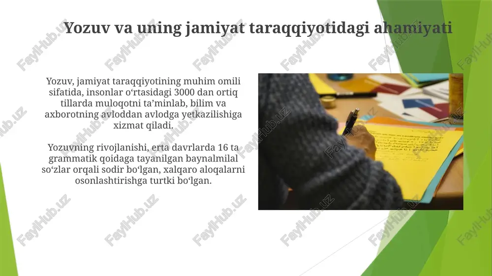 qlari turli davrlarda soʻgʻd, pahlaviy, oʻrxun-enisey (runik) va uygʻur yozuvlaridan foydalangan boʻlib, ularning barchasi oromiy yozuvi bilan bog'liqdir. oʻzbek xalqi tarixida arab yozuvi uzoq yillar qoʻllanilib, 1929-yilgacha foydalanilgan. xalqimiz 20-asrda arab, lotin, rus grafikasi kabi yozuvlardan foydalangan. yozuv tamoyillari va uning asosiy tushunchalari yozuvning tamoyillari - muayyan bir tilda qabul qilingan yozma belgilar tizimidir. 1-tushuncha, 2-tamoyil: til ijtimoiy hodisa sifatida namoyon bo’ladi. qonuniyatlari asosida shakllanadi tilning gnoseologik vazifasi, garchi akkumulyativlik vazifasi bilan teng boʻlmasa-da, unda lingvistik adabiyotlarda bir qator hollarda asosiy o’rinni egallaydi. bu 7ta qism asosida ifodalanadi hulosa yozuv jamiyatda 3000 yildan ortiq muddat davomida axborotni saqlash, uzatish, turli fanlar, texnologiyalar rivojiga hissa qo‘shuvchi vosita sifatida muhim ahamiyat kasb etadi. turli xalqlar tomonidan qo‘llanilgan yozuvlarning piktografik bosqichi ilk tasvirlardan iborat bo‘lib, o‘zaro fikr almashuv va muloqotning ibtidoiy shakllaridan biri bo‘lgan. e'tiboringiz uchun rahmat image2.jpg image3.jpg image4.jpg image5.jpg image6.jpg image7.jpg image8.jpg image9.jpg image10.jpg image11.jpg image12.jpg image13.jpg