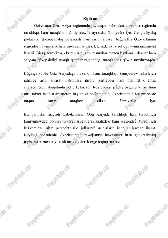 n-jılǵa artıp barmaqta. máselen, 2023-jılda sawda aylanısı aldınǵı jılǵa salıstırǵanda 15% ke asqan. bul ekonomikaliq baylanıslardıń bekkemlenip atırǵanın hám de regional sherikliktiń rawajlanıp atırǵanın ańlatadı. ekonomikaliq rawajlanıw sociallıq turaqlılıqtı támiyinlewge járdem beredi, bul da óz gezeginde qáwipsizlikti bekkemleydi. suw resursları hám qáwipsizlik: ózbekstannıń poziciyası oraylıq aziyadaǵı suw resursları regiondaǵı qáwipsizlikke tikkeley tásir etetuǵın faktorlardan biri bolıp tabıladı. suw jetispewshiligi mámleketler ortasında kelispewshiliklerdi keltirip shıǵarıwı múmkin. ózbekstan suw resursların aqılǵa muwapıq paydalanıw hám suw shiykizattı bólistiriw boyınsha regiondaǵı barlıq mámleketler menen konstruktiv dialog alıp barıwǵa intiledi. mámleket suw saqlaw texnologiyaların engiziw, suw resursların basqarıwdı jaqsılaw hám xalıqaralıq suw konvensiyalarını ratifikaciya etiw arqalı regional sherikler menen birgelikte suw máselesin sheshiwge umtılmaqta. ózbekstan regiondaǵı suw máseleleri boyınsha xalıqaralıq konferenciyalar hám forumlardı shólkemlestiriwde aktiv qatnasadı. bul ilajlarda suw resursların basqarıw boyınsha tájiriybe almasiw, jańa texnologiyalardı engiziw hám regional sheriklikti bekkemlew másaleleri talqılanadı. ózbekstannıń suw máselelerine baylanıslı qáwipsizlikke baylanıslı aktiv poziciyası regiondaǵı turaqlılıqtı saqlawǵa járdem …