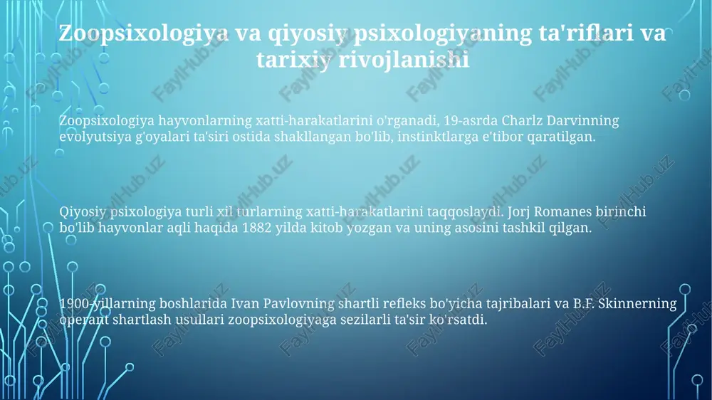 yalarni integratsiyalash kuzatilmoqda. sun'iy intellektga asoslangan tahlillardan foydalanish orqali hayvonlar xatti-harakatlarining murakkab ma'lumotlar to'plamlarini tahlil qilish, 50 dan ortiq xatti-harakat omillarini hisobga olgan holda xatti-harakat modellarini yaratish. hayvonlar kognitiv qobiliyatlarini oshirish uchun neyro-kuchaytirgichlar va interfeyslar kabi axloqiy jihatdan majburiy 25+ neyrotexnologiyalarni o'rganish, bu esa hayvonlarning farovonligini yaxshilashga qaratilgan. e'tiboringiz uchun rahmat @taqdimot_robot image1.png image2.png