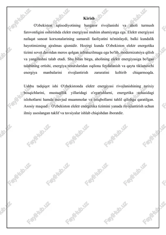 ng energetika xavfsizligi mintaqaviy energetika tizimiga bog'liq bo'lib qoldi. ushbu davrda energetika sohasida ilmiy-tadqiqot ishlari ham rivojlandi, energetika uskunalari va texnologiyalarini takomillashtirish bo'yicha ishlar olib borildi. mustaqillik davrida energetika sohasidagi islohotlar va modernizatsiya (1991-2010) oʻzbekiston mustaqillikka erishgandan soʻng, energetika sohasida yangi islohotlar davri boshlandi. sovet davridagi markazlashgan energetika tizimidan bozor iqtisodiyotiga moslashish talab etildi. energetika korxonalari xususiylashtirildi va restrukturizatsiya qilindi, “oʻzbekenergo” davlat aksiyadorlik jamiyati tashkil etildi. asosiy maqsad energiya resurslaridan oqilona foydalanish, energiya tejamkorligini oshirish va qayta tiklanuvchi energiya manbalarini rivojlantirishdan iborat edi. energetika infratuzilmasini modernizatsiya qilish va yangi quvvatlarni ishga tushirish bo'yicha investitsiya loyihalari amalga oshirildi. mustaqillikning dastlabki yillarida energetika sohasida qator muammolar yuzaga keldi, jumladan, eskirgan infratuzilma, investitsiyalarning yetishmasligi va toʻlov intizomining pastligi. bu muammolarni hal qilish uchun hukumat energetika sohasini isloh qilish, xorijiy investitsiyalarni jalb qilish va yangi texnologiyalarni joriy etish bo'yicha qator chora-tadbirlarni amalga oshirdi. qayta tiklanuvchi energiya manbalarini rivojlantirish bo'yicha dasturlar ishlab chiqildi, ammo ularning …