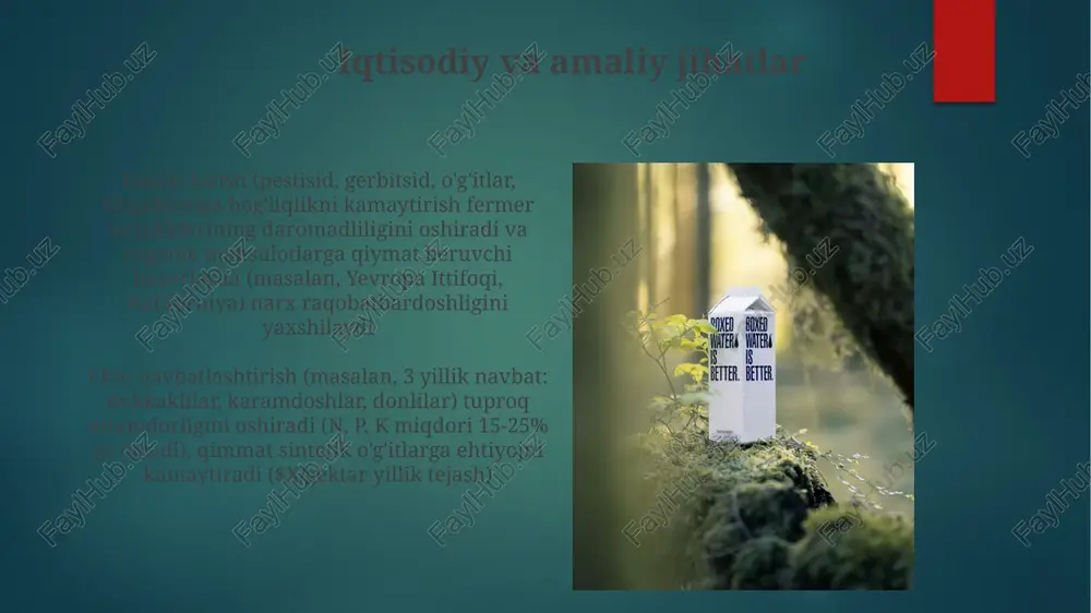 → yonca (2 tonna/gektar) → makkajo'xori (180 bu/gektar) → soya (45 bu/gektar) – gerbitsid ishlatish 40%ga kamaydi, ames yaqinida foydali nematodalar soni 25%ga oshdi. tuproq salomatligi foydalari sog'lom tuproq, yaxshilangan suv saqlash (+15-25%) va havalanish turli iqlim zonalarida (masalan, o'rtayer dengizi mintaqasi) turli ekinlar hosildorligini oshiradi (5-15% ga) gʻalla-dukkaklilar navbatlashuvi tuproq tuzilmasini (masalan, agregatsiya, gözeneklilik) 15-25% ga yaxshilaydi, ayova makkajoʻxori zonasida suv oʻtkazuvchanligini (+20%) oshiradi. eroziya kamayishi (30-50%) ozuqa moddalarining (masalan, azot, fosfor) yoʻqotilishini kamaytiradi va bioxilma-xillikni oshiradi. yevropa fermer xoʻjaliklarida 5 yilda organik modda 10-15% ga oshdi. bioxil xilma-xilligini oshirish organik tizimlarda pestitsid ishlatishni kamaytirish (masalan, 0 kg/ga ga nisbatan 5 kg/ga an'anaviy) va ekin aylanishini qo'llash foydali bo'lmagan turlarni (masalan, foydali artropodlar, 50% ko'p) himoya qiladi organik dehqonchilikda (masalan, yangi zelandiyaning kenterberi tekisligidagi 200 ga maydon) o'simlik almashlab ekish (masalan, dukkaklilar-donlilar ketma-ketligi) foydali tuproq mikroblari (masalan, rhizobium spp., 10^6 kfu/g tuproq) sonini ko'paytirib va zararkunandalarni (masalan, nematodalar, 30% …