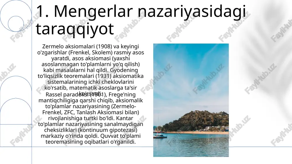 ta'sir ko'rsatdi rasselning mantiqiy tahlillari falsafiy muammolarga: bilim (ta'riflar nazariyasi), ma'no (obyektlarning mantiqiy qurilishi), metafizika (noaniq mavhumotlarni yo'qotish)ga qaratilgan 8. dastlabki ta'sirlar va ta'lim mantiq taraqqiyoti: toʻplamlar nazariyasidagi paradokslar, mutlaq idealizmni rad etish, tasvirlar nazariyasi, ramziy mantiqqa eʼtibor, taʼsirli asarlar: "matematikaning printsiplari" (1903), analitik falsafa ustiga taʼsiri, 20-asr matematik mantiqdagi yutuqlar. erta ta'sirlar: aristokratik tarbiya, 1872 yil trellech, monmouthshire shahrida tug'ilishi, oilaning liberal intellektuallligi, viktoriya angliyasining ta'siri, xususiy o'qituvchilar, kembrijdagi trinity kolleji (1890-1895), matematika va falsafa bo'yicha o'qish. 9. frege va vittgensteinning ta'siri frege'ning "begriffsschrift" (1879) asari rasselning dastlabki mantiqchilik nazariyasiga katta ta'sir ko'rsatib, matematikani mantiqqa qisqartirishga intilib, uaytxed bilan birgalikda yozilgan "principia mathematica" (1910-13) asarida yaqqol ko'rinib turibdi, rassel paradokslari kabi paradokslarni hal qilishga urinib, frege'ning to'plamlar nazariyasi asoslarini shubha ostiga qo'ygan vena shahrida yozilgan vittgenshteynning "logiko-falsafiy traktati" (1921) rassellning e'tiborini logitsismdan ma'no tasvir nazariyasiga o'tkazdi, uning keyingi mantiq falsafasiga ta'sir ko'rsatib, matematikada to'liq mantiqiy asos mavjud emasligini rad …