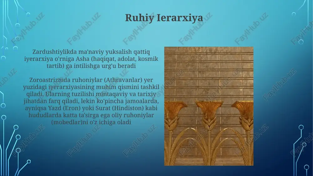 ustamdagi ma'badlarni boshqargan, diniy marosimlarni nazorat qilgan va pars va xorason kabi keng hududlardagi jamoalar uchun avesto yozuvlarini talqin qilgan. yazotlar pastırma yazatalar, ko'p sonli maxsus vazifali xudolar; apam napat (su o'g'li), atar (olov), geush urvan (muqaddas xo'roz), zardushtiy marosimlari va kosmologiyasida turli rollar; mintaqaviy farqlar; fors, hindiston, markaziy osiyo bo'ylab asrlardan beri san'at va adabiyotda tasvirlangan. ahura mazda – oliy xudo, yazatalarning boshlig'i, nur, haqiqat, donolik bilan bog'liq; amesha spentalar (6 o'lmas muqaddas): vohu manoh (yaxshi niyat), asha vahishta (eng yaxshi haqiqat), khshathra vairya (istalgan hukmronlik), spenta armaiti (muqaddas sadoqat), haurvatat (butunlik), ameretat (o'lmaslik); kosmik tartib. oliy xudo ahura mazda avesto (muqaddas matnlar) mag’lar tomonidan talqin qilingan; zardusht (asoschi)ga tegishli gotalar (madhiyalar); fors imperiyasi ma’muriyatiga ta’siri; marosimlar uchun muhim olov ibodatxonalari; markaziy osiyo, hindiston (parsilar) va undan tashqarida ta’siri; zamonaviy zardushtiy jamoalarida davom etayotgan ta’siri. zardushtiy iyerarxiyasi: ruhoniylar (magiylar) katta kuchga ega edi; mintaqaviy va mahalliy jamoalarga birlashgan; rahbarlik …