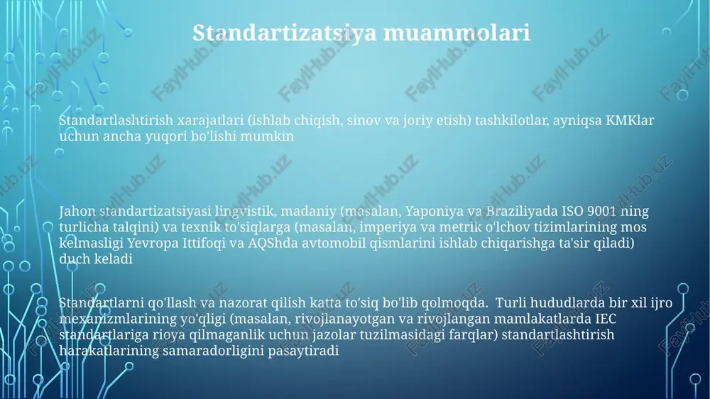 oz talablarini qondiradigan doimiy mahsulot sifati va operatsion samaradorlikni taʼminlaydi butun dunyo bo'ylab mahalliy tarmoqlarda (lan) qo'llaniladigan, fizik va ma'lumotlar uzatish qatlamlarini aniqlaydigan standartlar to'plami ieee 802.3 (ethernet). kabel turlarini (masalan, cat5e, cat6), ma'lumot uzatish tezligini (masalan, 1 gbps, 10 gbps) va tarmoq topologiyalarini (masalan, yulduzsimon, avtobus) belgilaydi e'tiboringiz uchun rahmat @taqdimot_robot image1.png image2.png image3.png image4.png image5.png