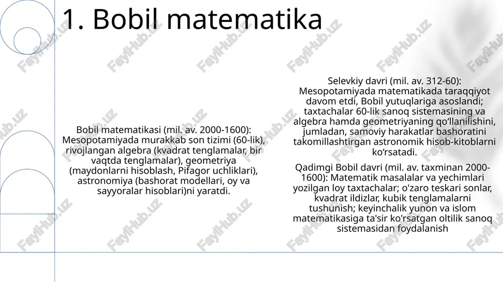 gi son yozuvini ifodalaydi; ishango suyakchasi (kongo) tub sonlarni tushunishni ko'rsatadi. rivojlanish paleolit va neolit davrlarini o'z ichiga oladi. 6. qadimgi davr va dastlabki son tizimlari ellinistik matematika (mil. av. 323-31): evklidning “elementlar”i (aleksandriya, geometriya aksiomalari, postulatlari); arximed (sikiliya, sirakuza) π ni, sfera hajmini hisobladi; apolloniy (pamfiliya, perga) konus kesimlari. rivojlanish bosqichlari: yunon oldingi (bobil, misr); klassik yunon (mil. av. 600-300); ellinistik (mil. av. 323-31); rim (chegaralangan yangiliklar); oʻrta asrlar (islom, hindiston taʼsiri). qadimgi yunon matematiklari (mil. av. 600-300): pifagor (samo, pifagor teoremasi); thales (milet, geometriya teoremalari); evdoks (knid, tugatish metodi). 7. ellinistik matematikasi oʻrta va yangi davrlar (mil. 1200 – hozirgi kungacha): sangamagramadan madhava (mil. 1350 – mil. 1425), kerala maktabining cheksiz qatorlar, integral va differentsial hisobga qoʻshgan hissasi; hind matematik bilimlarining jahon boʻylab rivojlanishi va tarqalishi, global matematik fikrga sezilarli taʼsir koʻrsatdi. qadimgi hindiston matnlarida vedalar davri (miloddan avvalgi taxminan 1500-500 yillar): geometrik konstruktsiyalar, pifagor uchliklari, √2 ning …